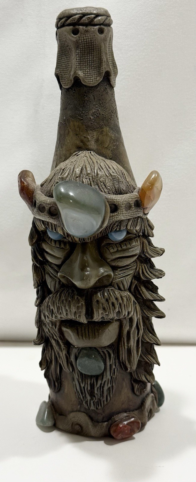 RARE OOAK ART STUDIO POTTERY POLISHED STONE MYSTIC FOLKLORE MONSTER FACE BOTTLE