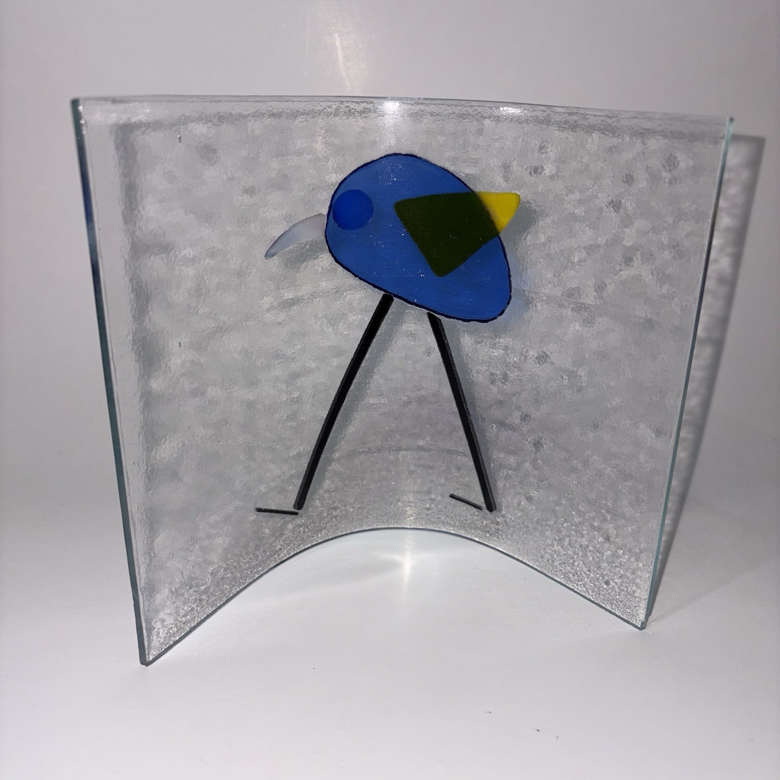 Fused Glass Bird on Curved Glass Sculpture Signed Blue Bird Home Decor 6”x6”