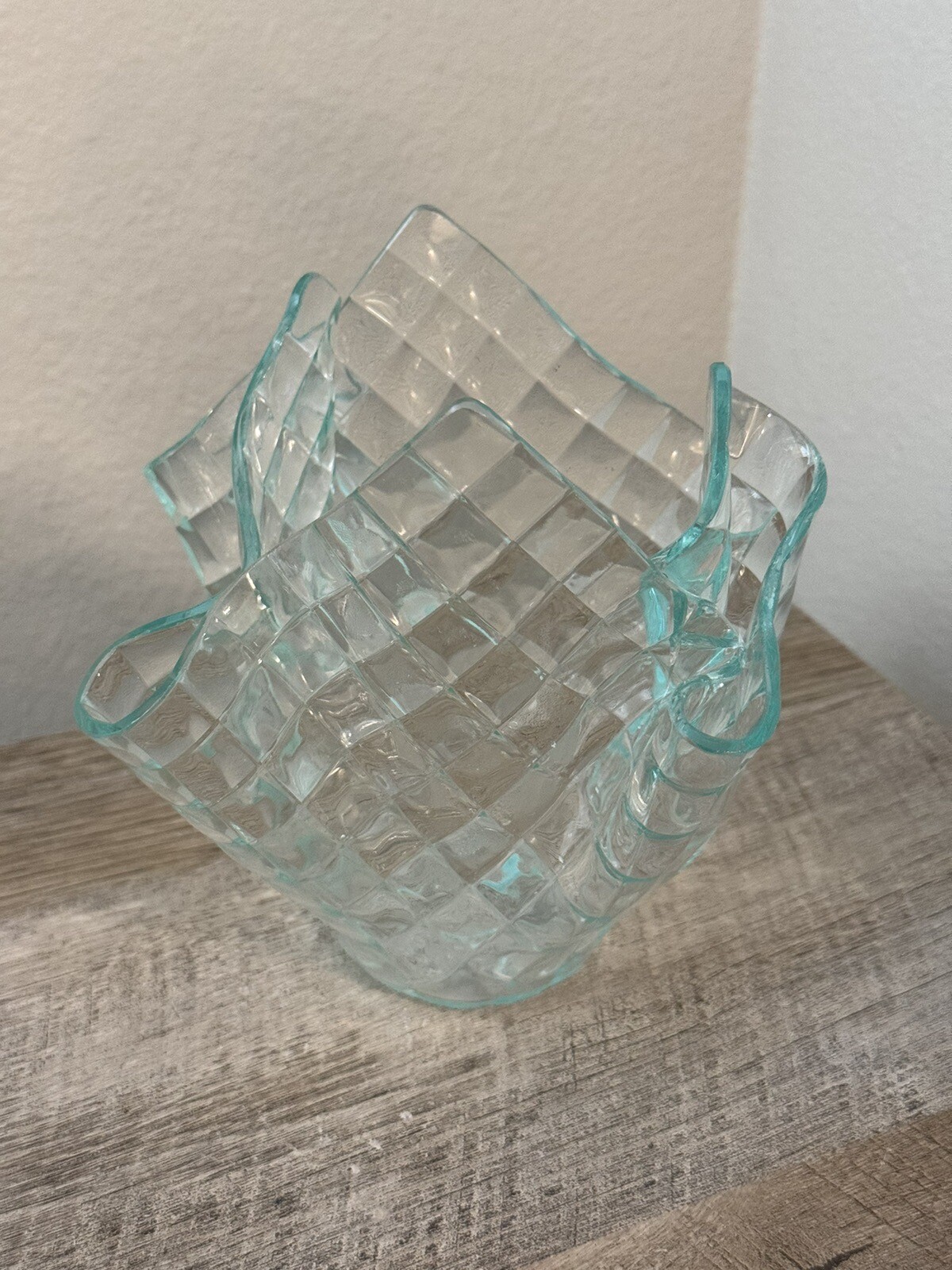 Handkerchief Vase Folded Clear Glass 5.75” Signed