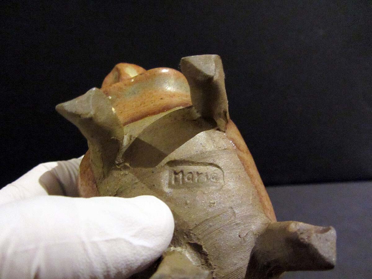 Small SOUTHWESTERN WILD BOAR Figural Ashtray Signed MARIE or MARIA Damaged Horns
