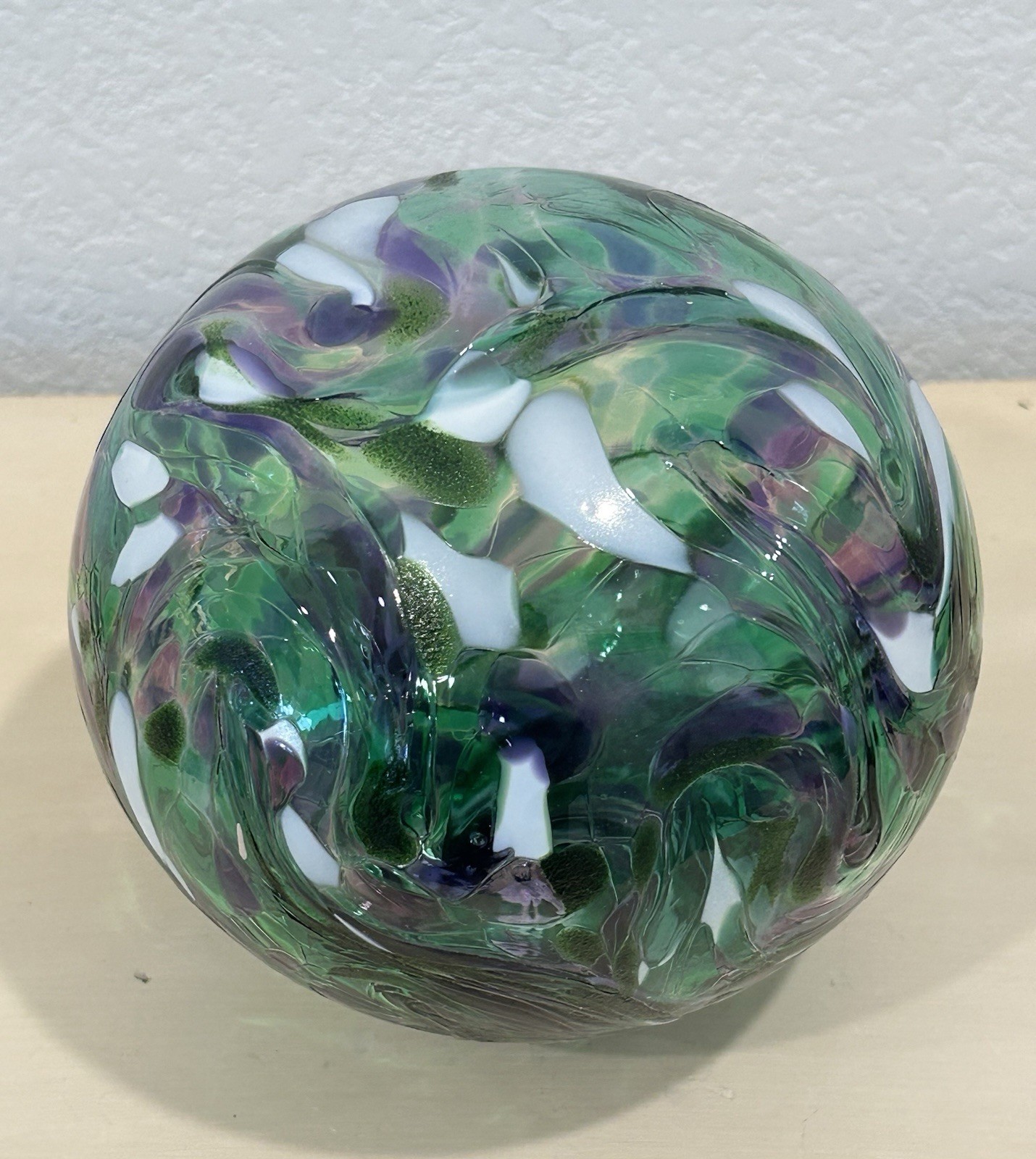 SIGNED Vtg Hand Blown ART Glass Float Sphere Orb 6-7” Oregon Coast Peacock
