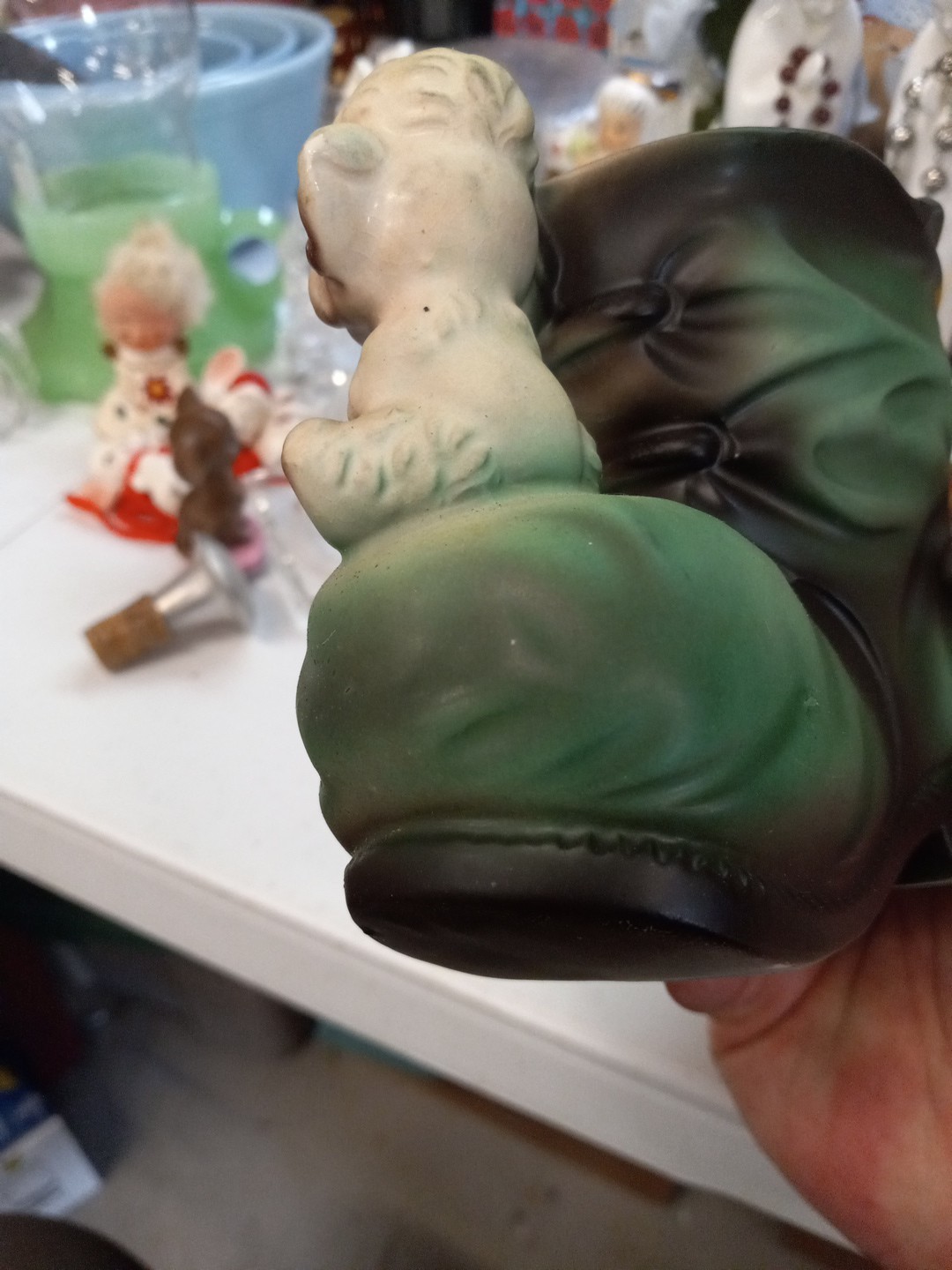 Vintage Green Boot Shoe And White Poodle Sitting Dog Ceramic Planter Vase