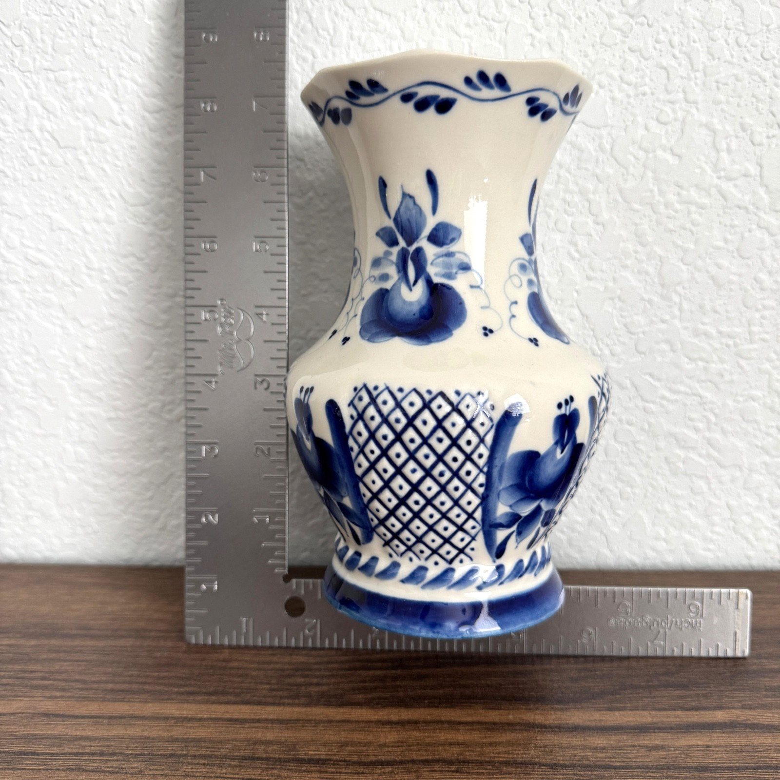 Vintage Gzhel Russian Porcelain Hand Made Floral Vase Stamped Blue and White