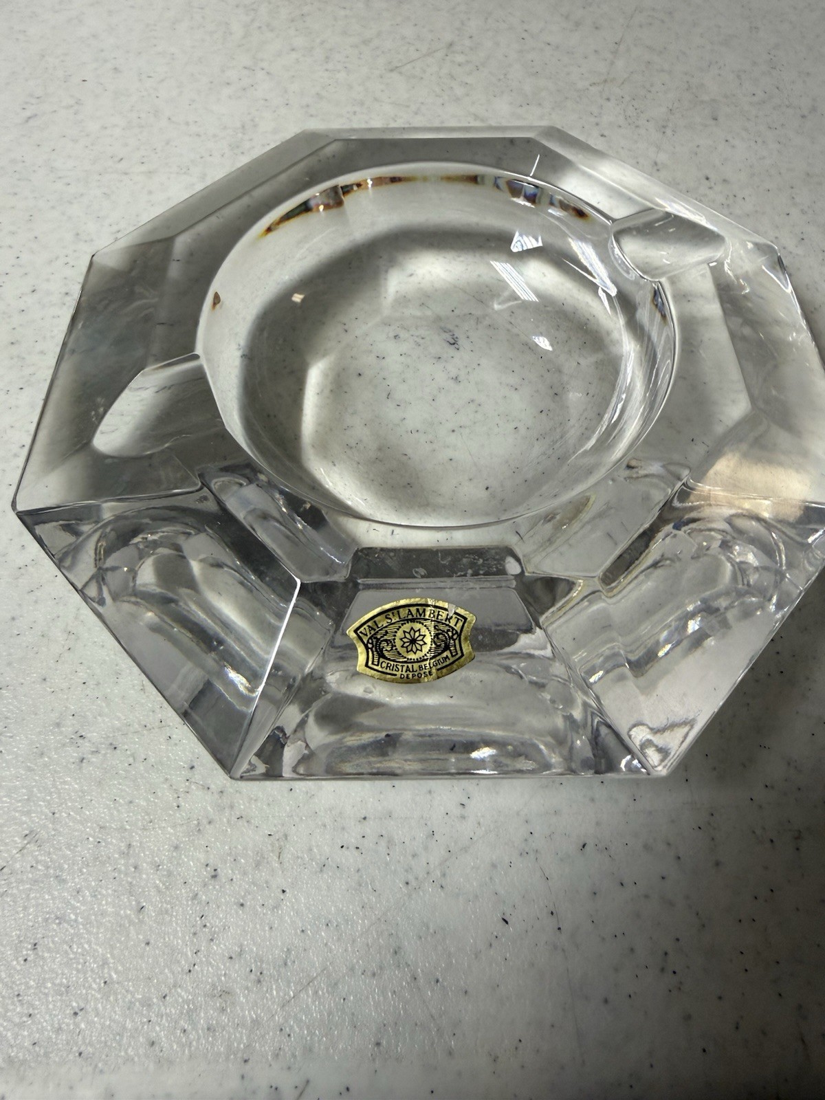 Vintage Val St Lambert Heavy Crystal Octagon Ashtray 6” Wide 2 Notch Beautiful