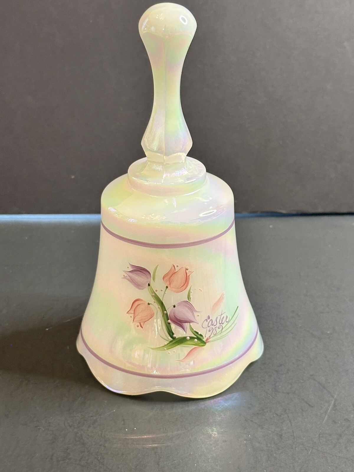 Fenton Opalescent Glass Iridescent Bell HP Tulips Easter 1989 Signed D Barbour