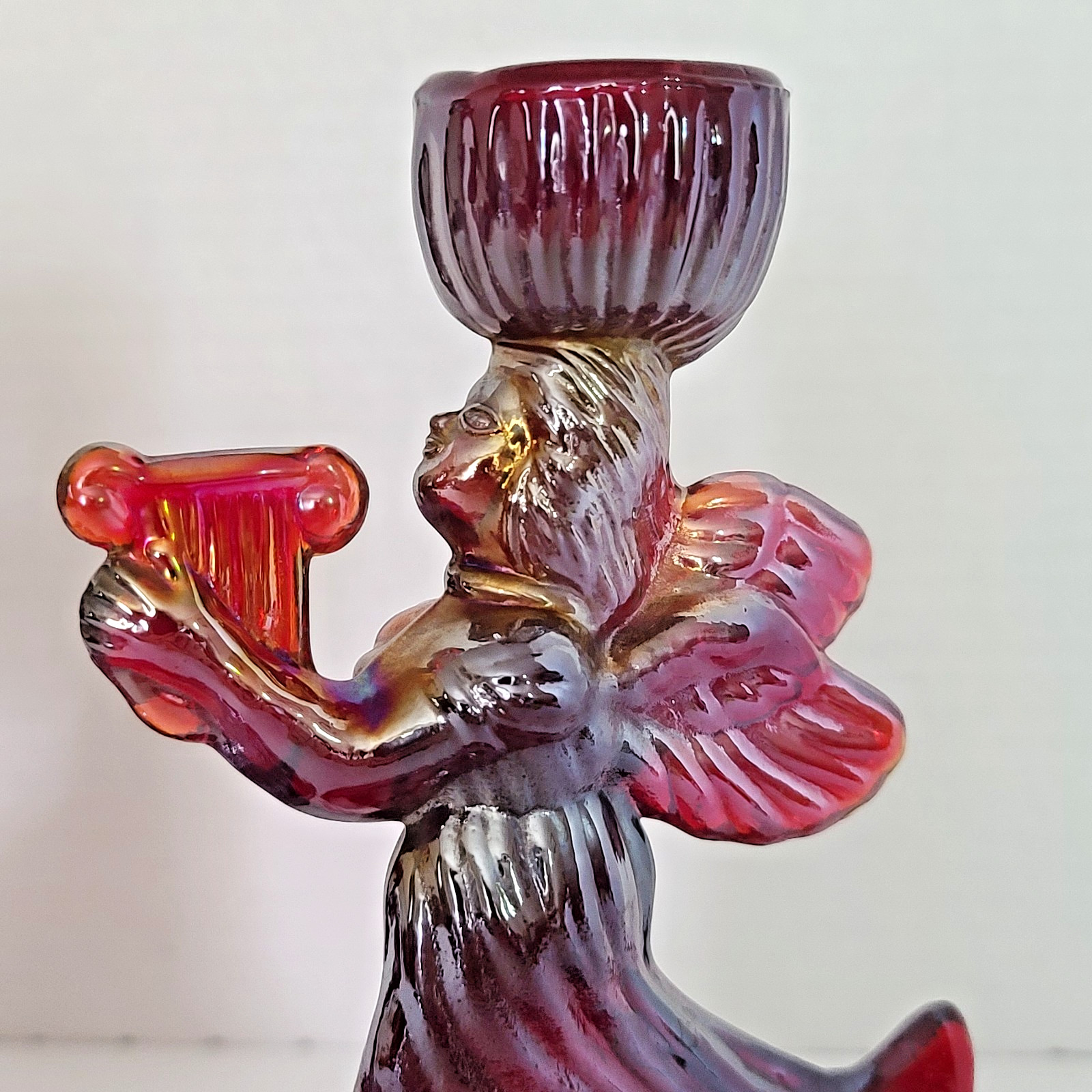 Pair Of Red Carnival Glass Angel Candle Holders Glows Orange Under Blacklight