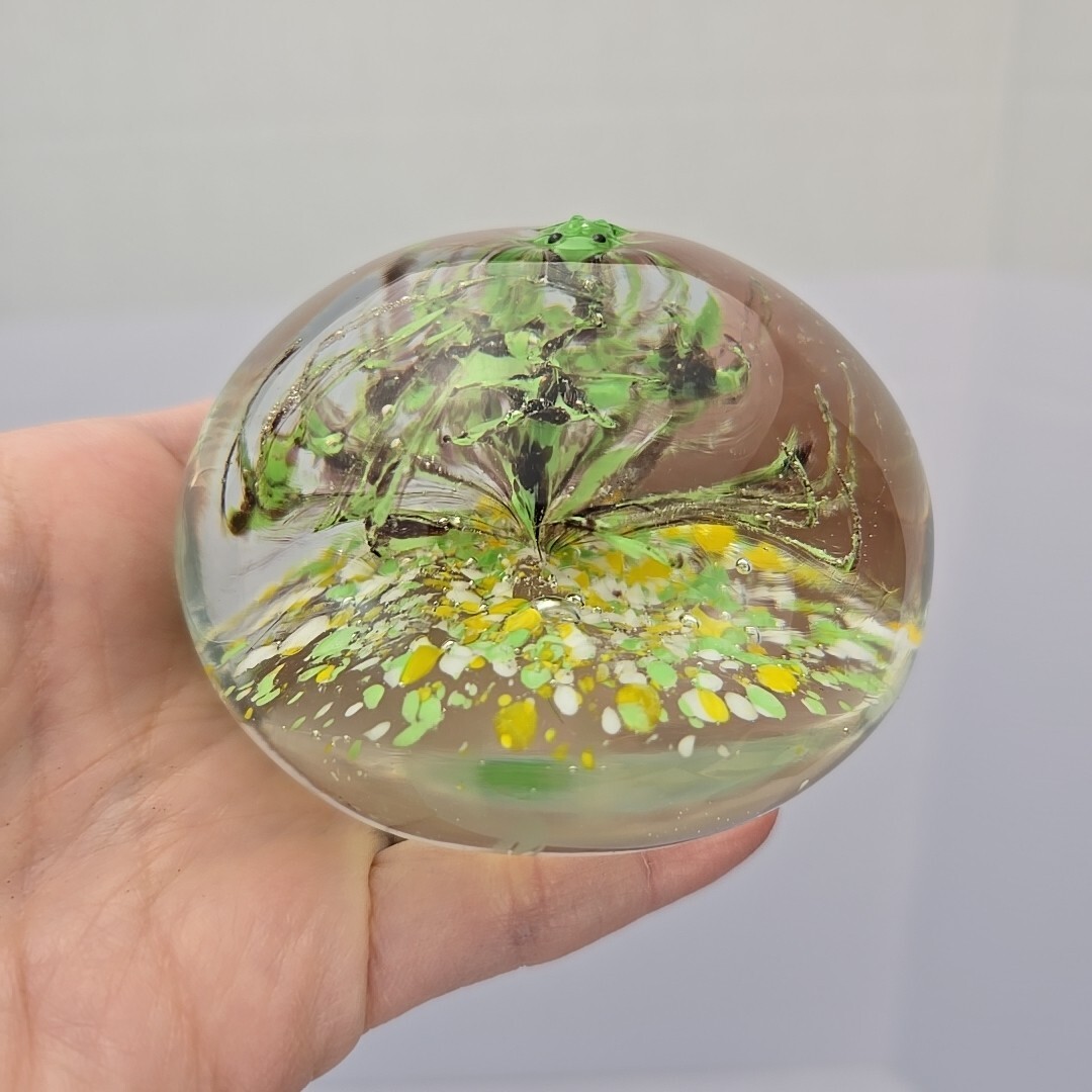 Vtg Art Glass Paper Weight With Green Shrimp Yellow, White & Green Brown Swirl