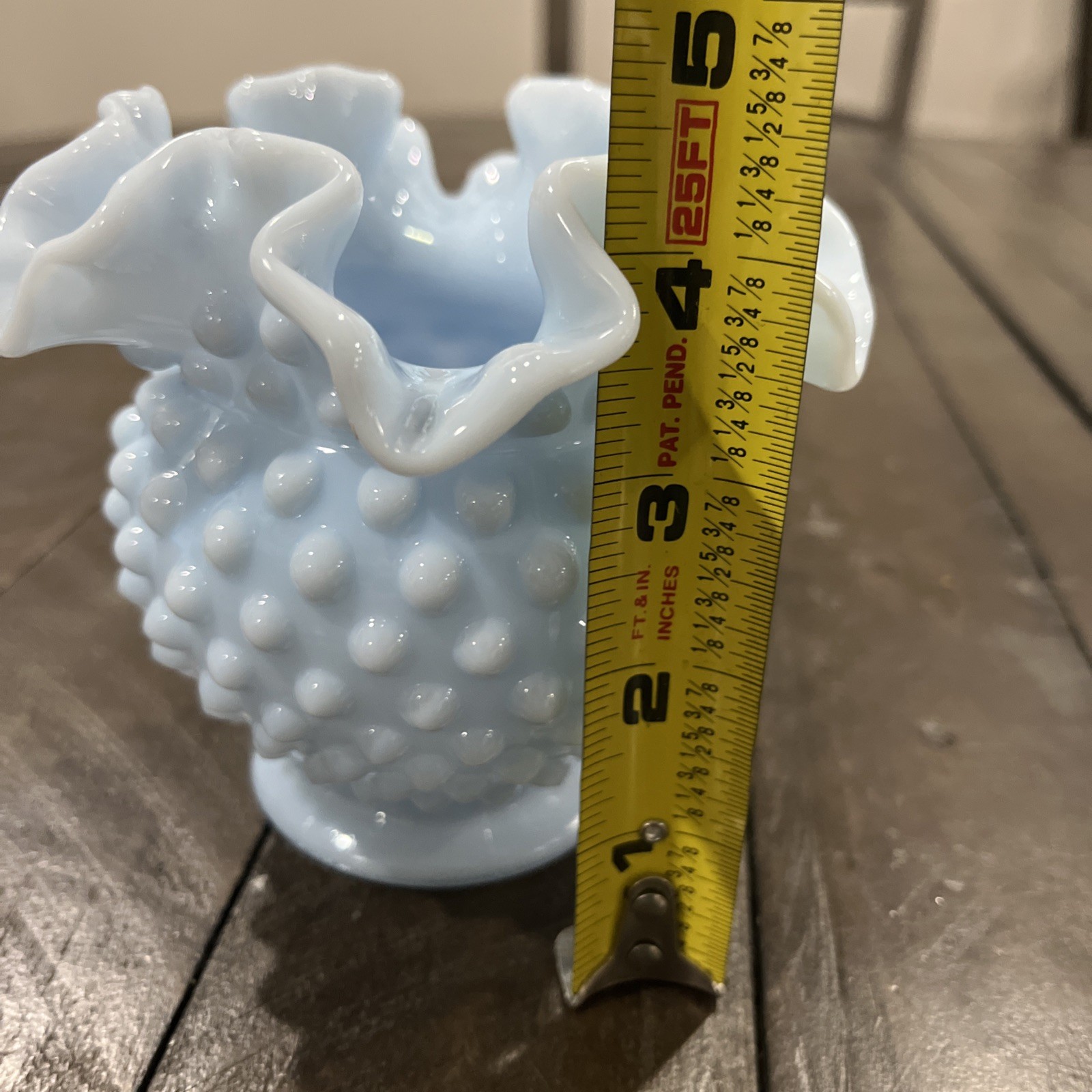 Vtg Fenton Delphite Blue Milk Glass Hobnail Double Ruffle Vase 4 1/4″