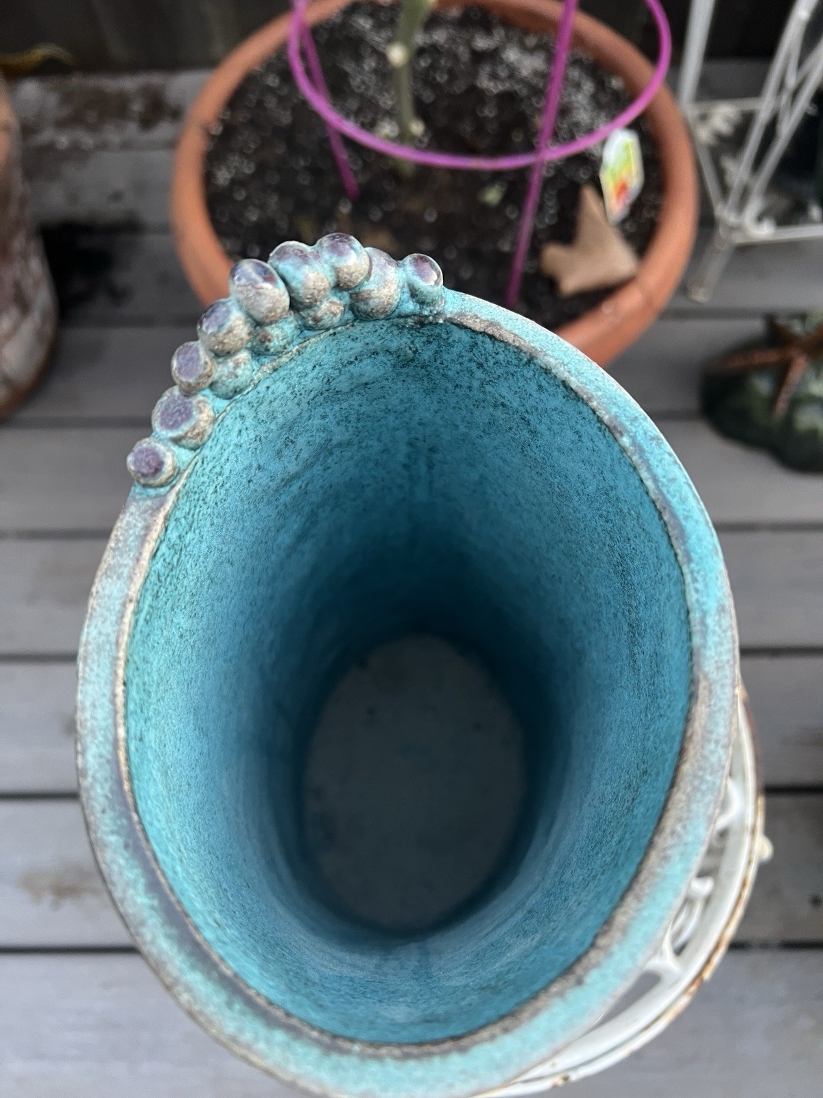 Artist Signed Zeltzer RAKU Style Studio Art Pottery 9.5” X 5.5” Teal And Grey