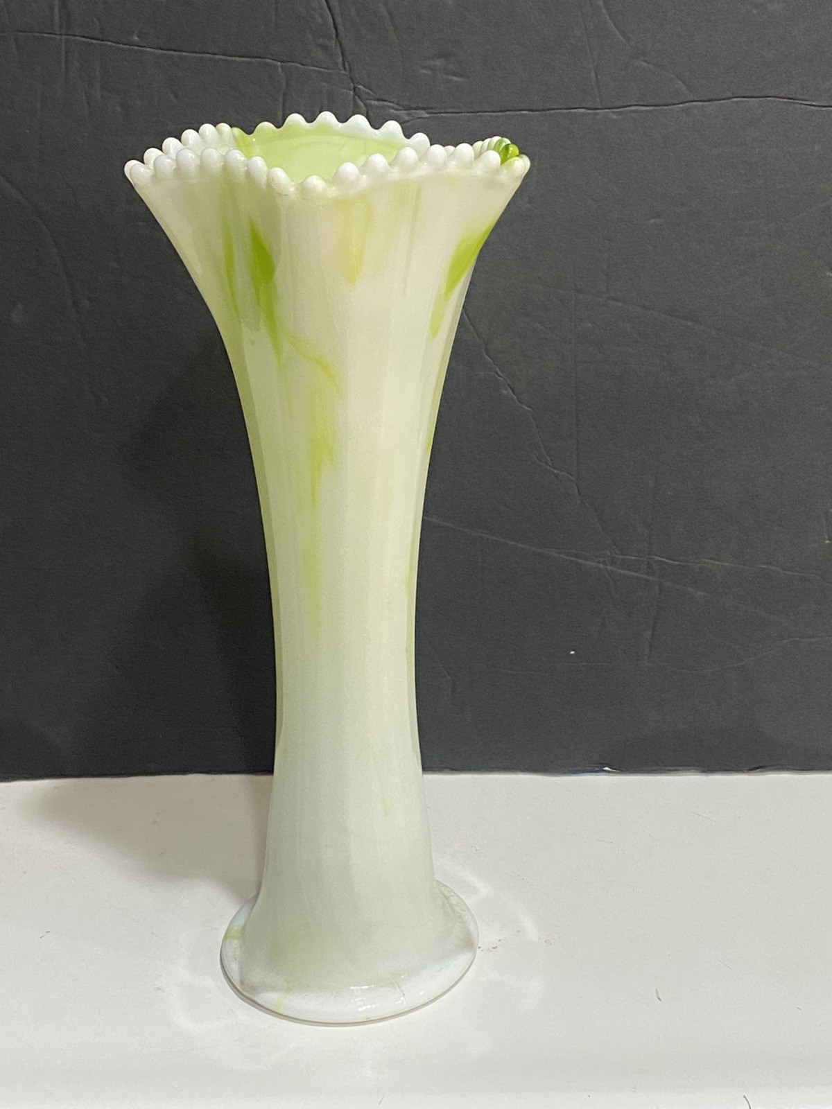 Bournique Green Slag Glass Swing Vase Knobby Edges Green White 10” Tall Art