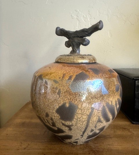 Studio RAKU Pottery Vessel with Sculptured Lid Crackle Glaze Organic Pattern