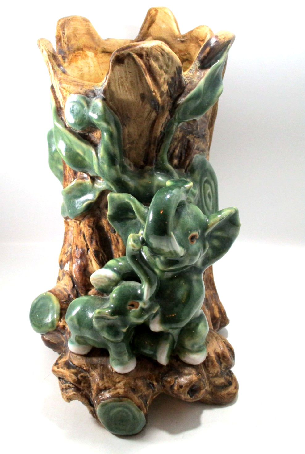 Elephants Trunk Up on Tree Trunk Ceramic Planter 8″ Tall Green, Brown Vintage
