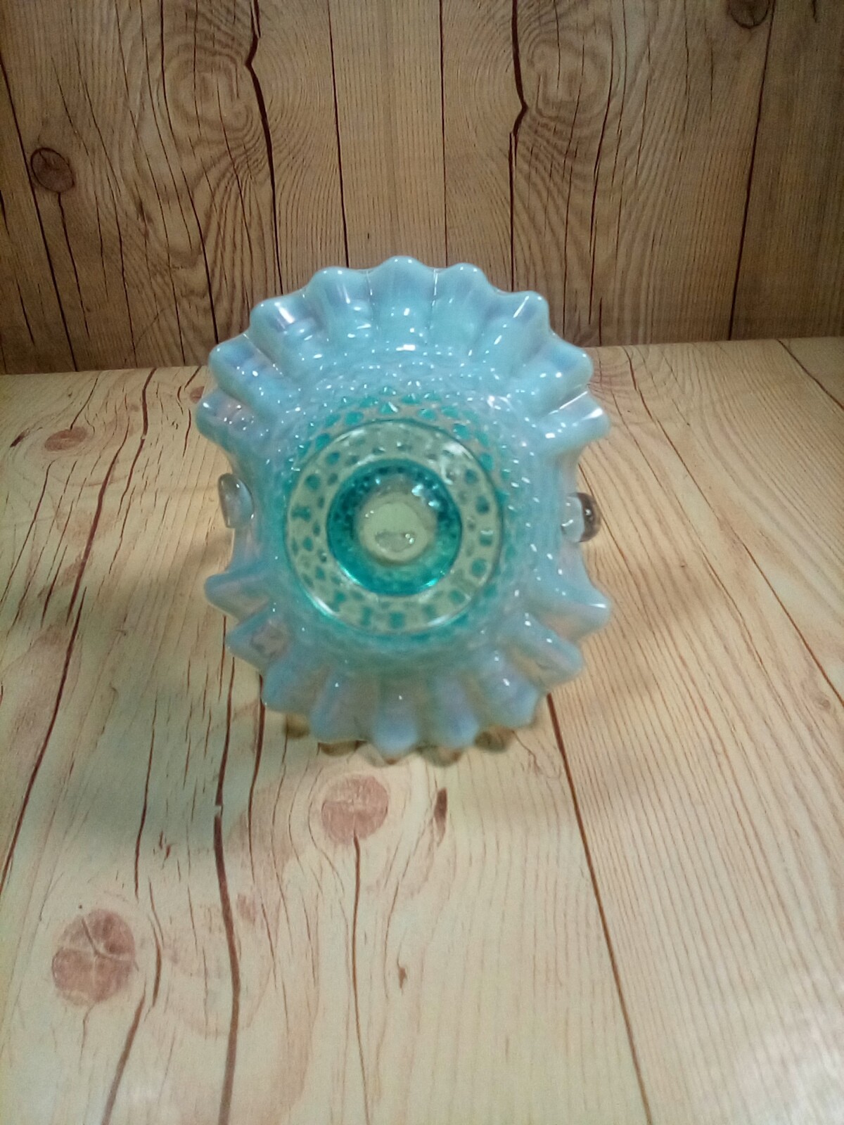 Vintage Small Fenton Aqua Blue Opalescent Hobnail Ruffled Glass Basket