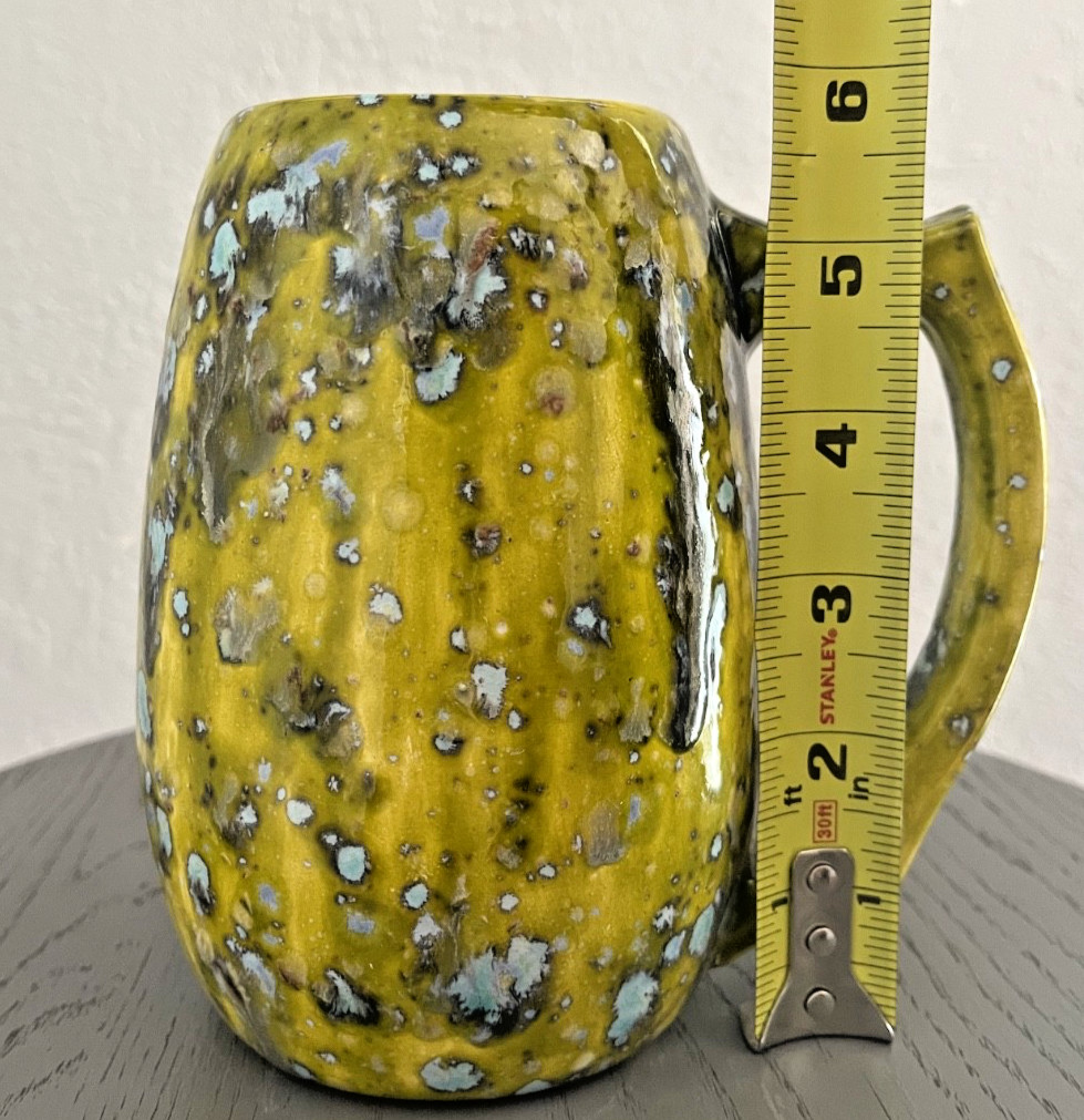 Studio Pottery Lava Glaze Mug Planter Mustard Green Drip Glaze Artisan Ceramic