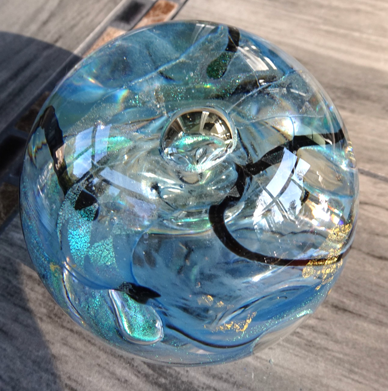 Signed Tim Lazer 2000 Studio Art Glass Dichroic Patterns Paperweight 3.3″