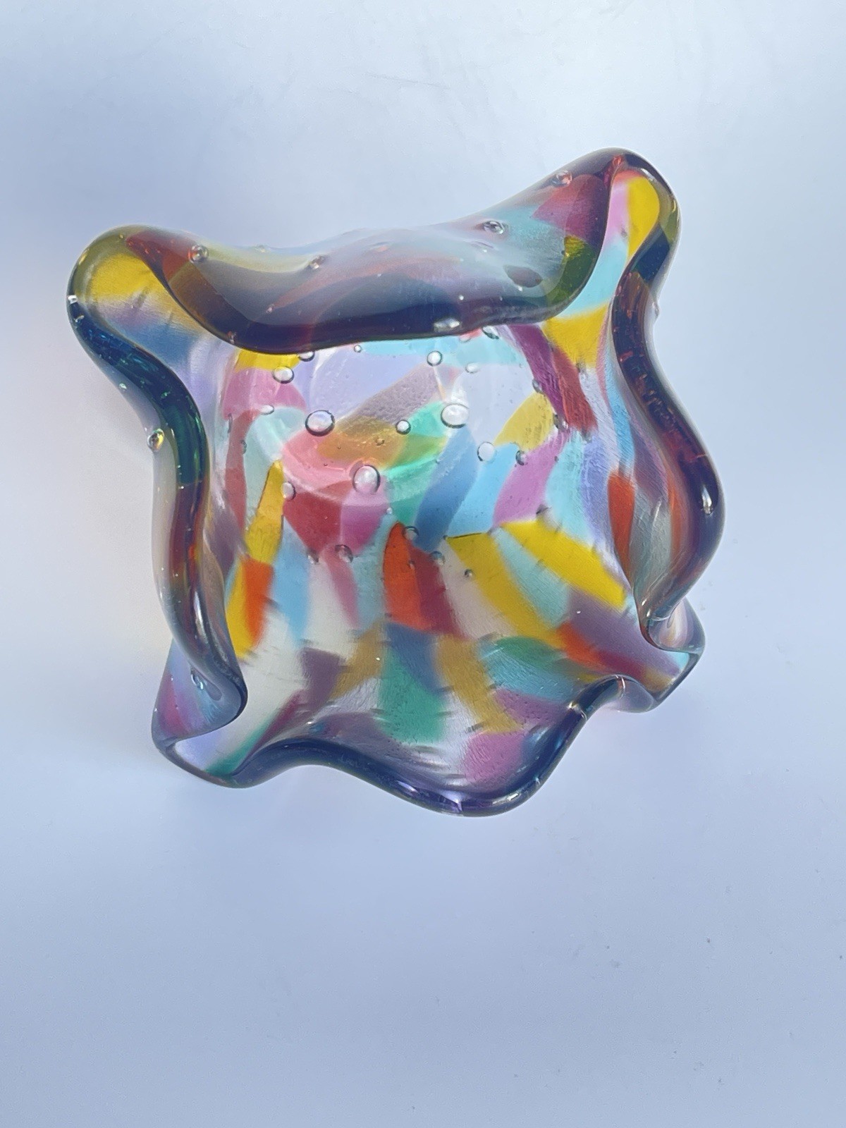 Vintage Art Glass Handkerchief Vase Fused Bubble Multi-colored Candle Votive