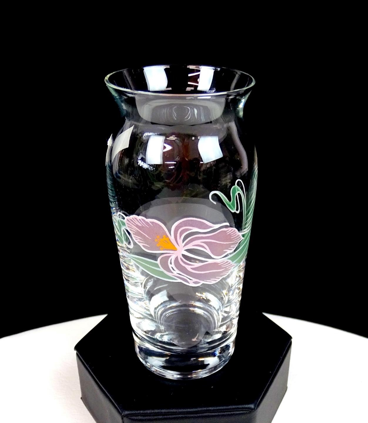 Bohemia Czechoslovakia Crystal Enamel Iris Flower Vintage 4 5/8″ Vase