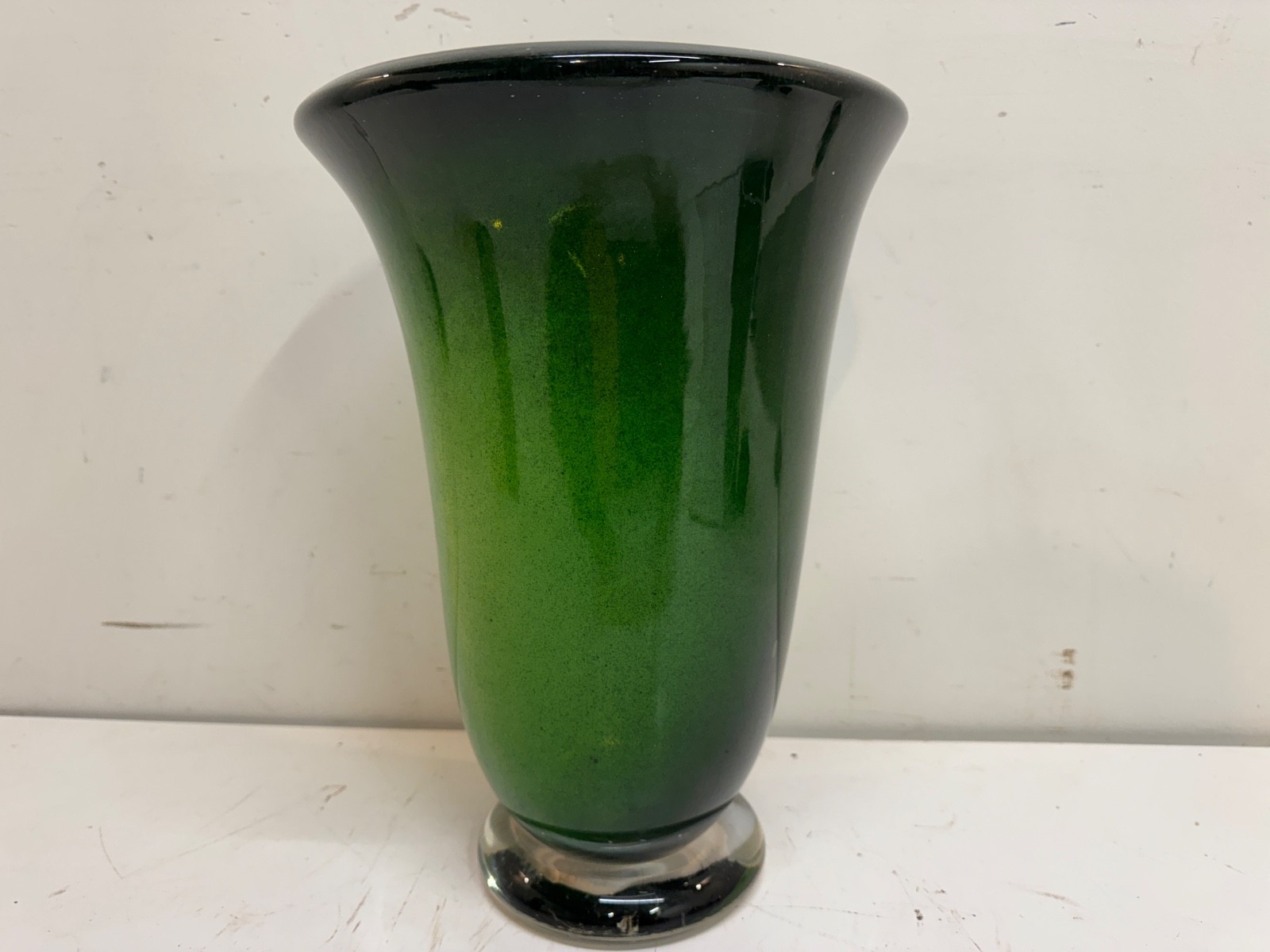 Large Hand Blown Green Art Glass Vase Signed By Artist 12”