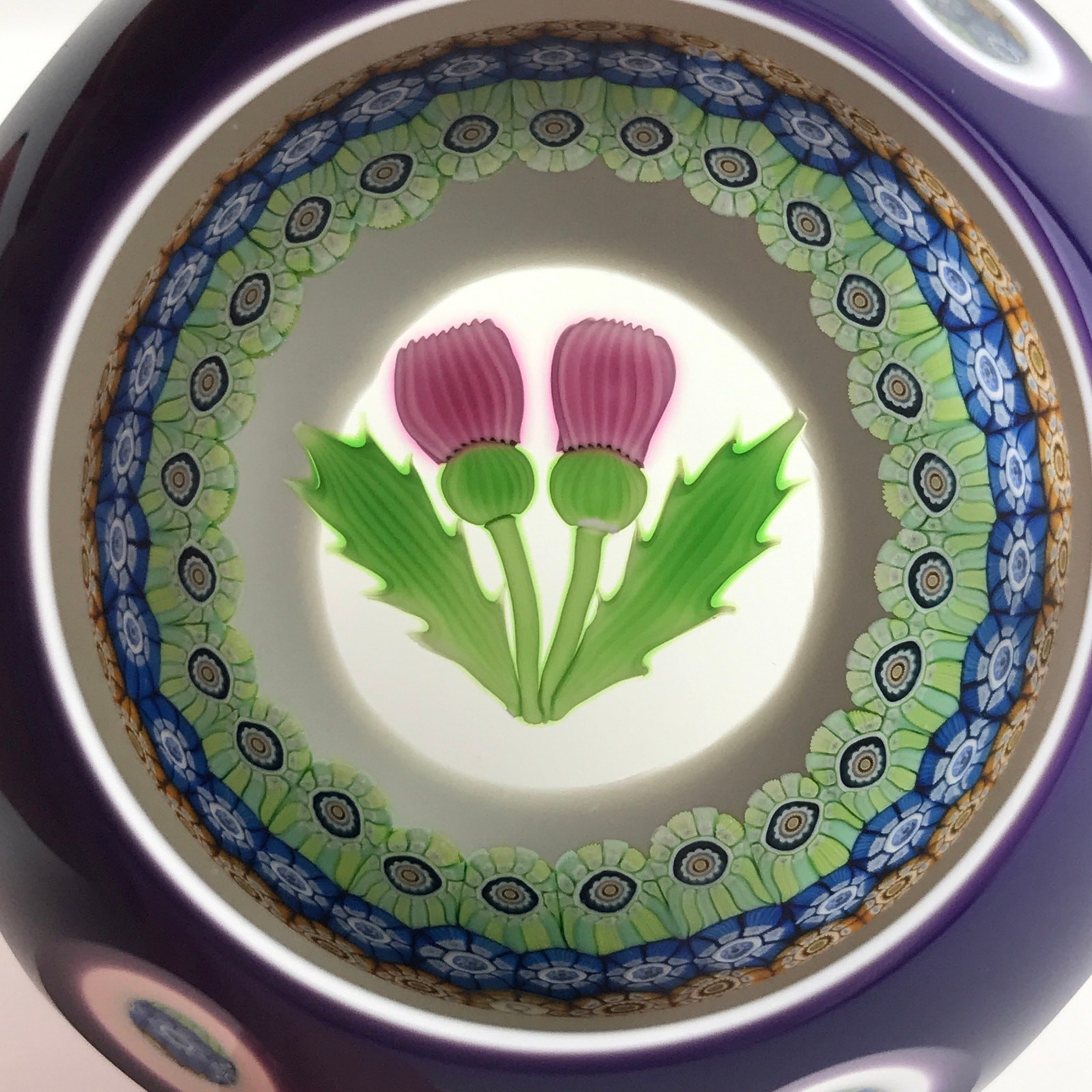 Perthshire 1988C Double Overlay Scottish Thistle Millefiori Amethyst Paperweight