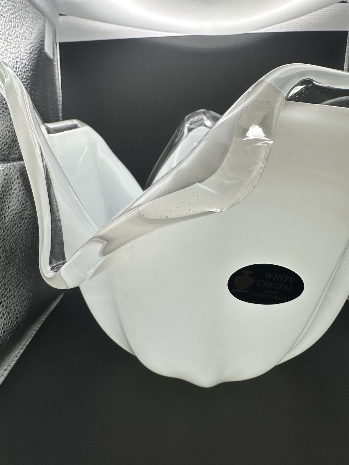 White Murano Hand Blown Cristal Fazzoletto Handkerchief Style Bowl Made in Italy