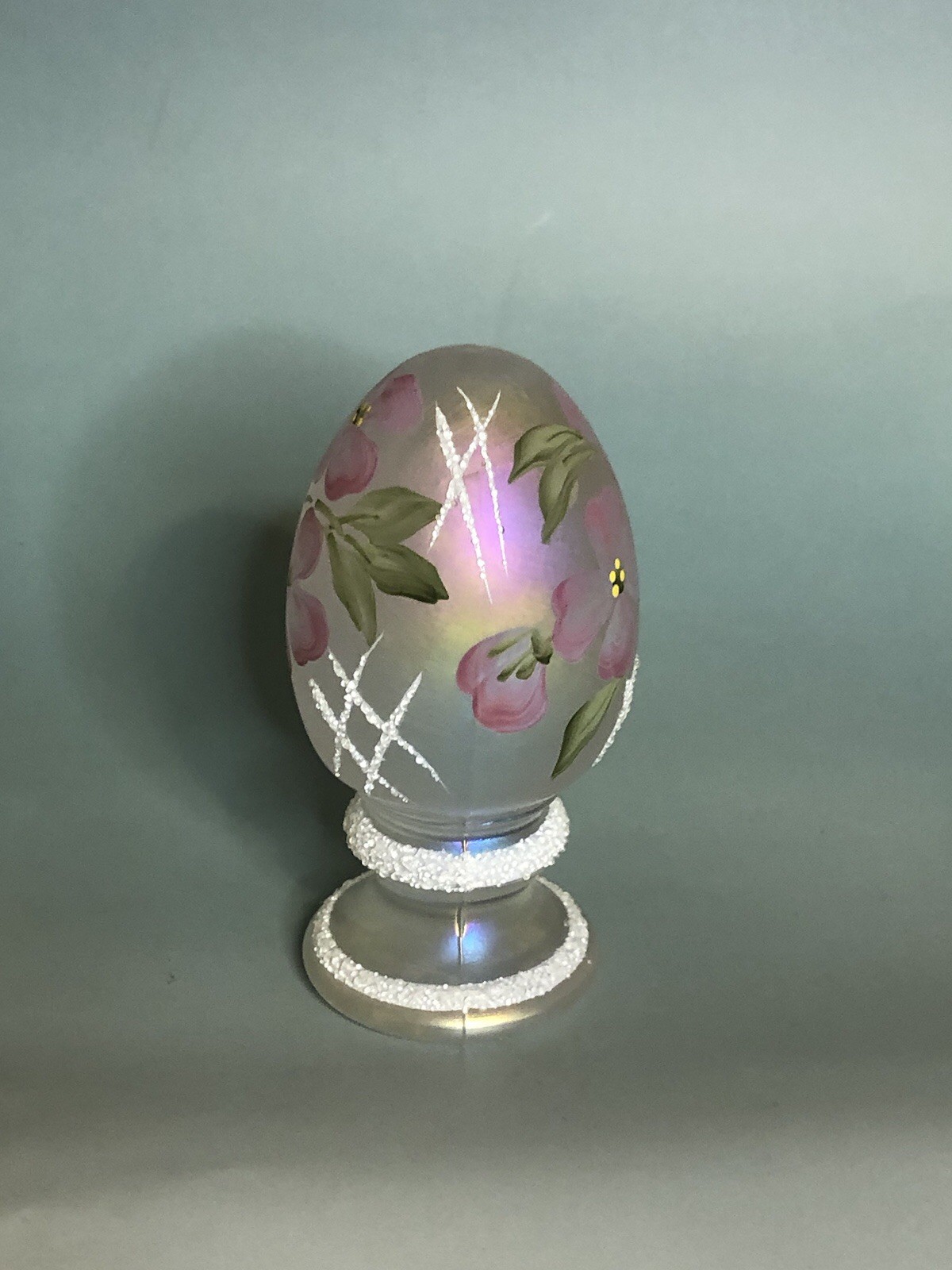 Fenton Glass Iridescent Pink Floral Egg W/Pedestal Signed L Everson