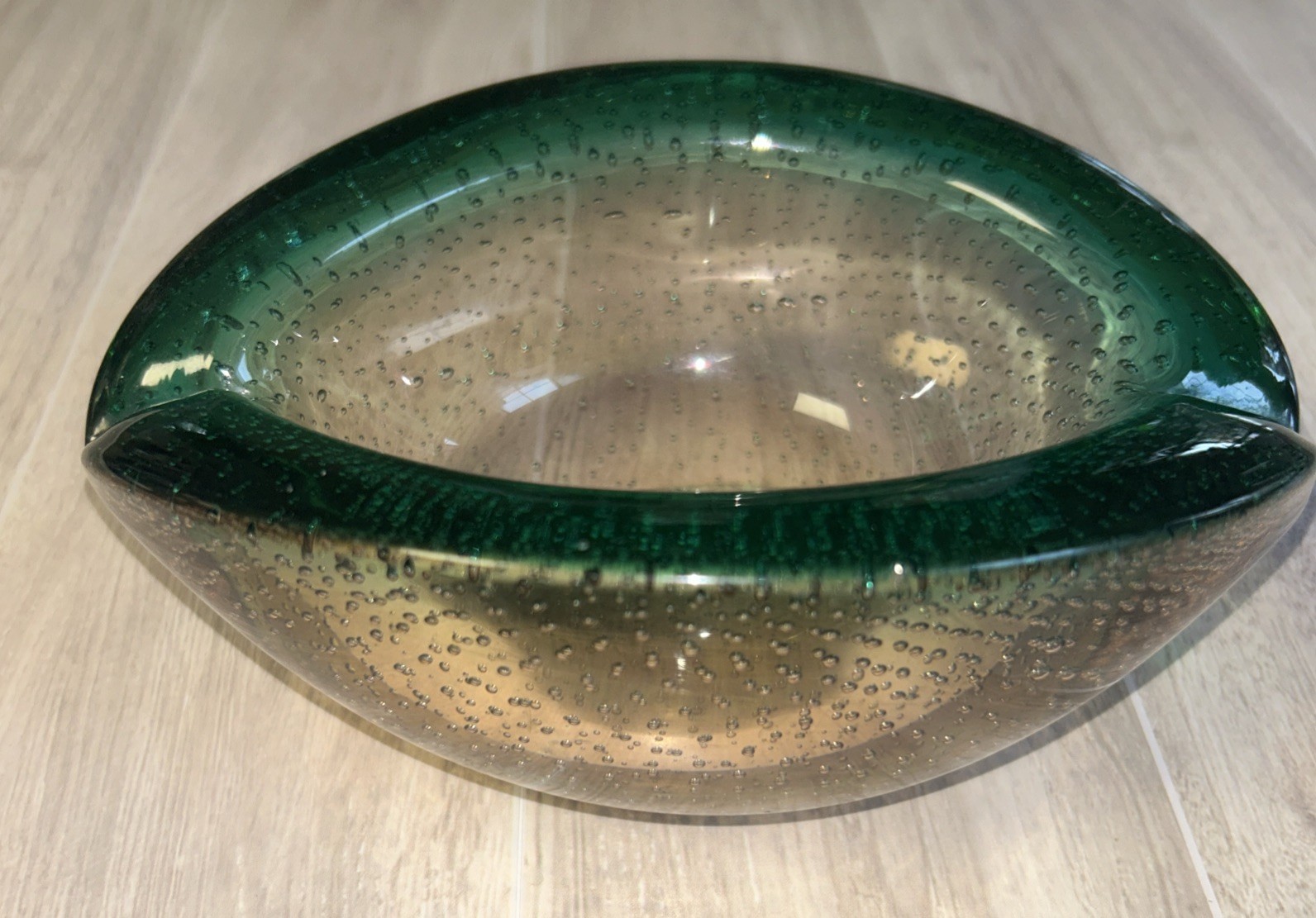Murano Archimede Seguso Green & Peach Bullicante Bowl, Bubbles 7 X 5 X 2.5”