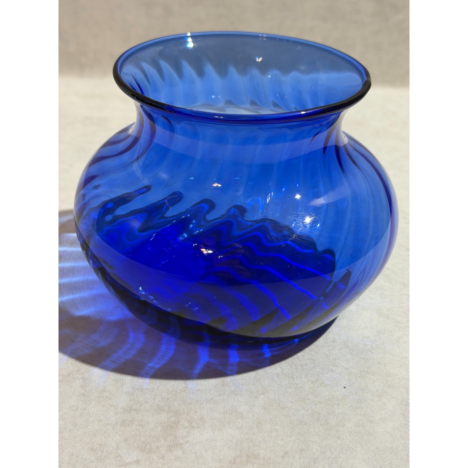 Vintage Indiana Glass “Illusions” Cobalt Blue Optic Swirl 4″ Vase #30194