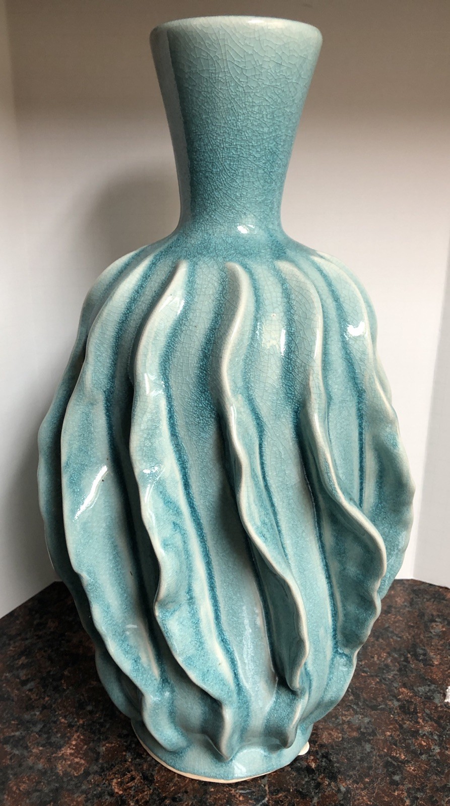 16” Merope Medium Handmade Folk Art Vase Teal Blue Mist Color Crackle Style