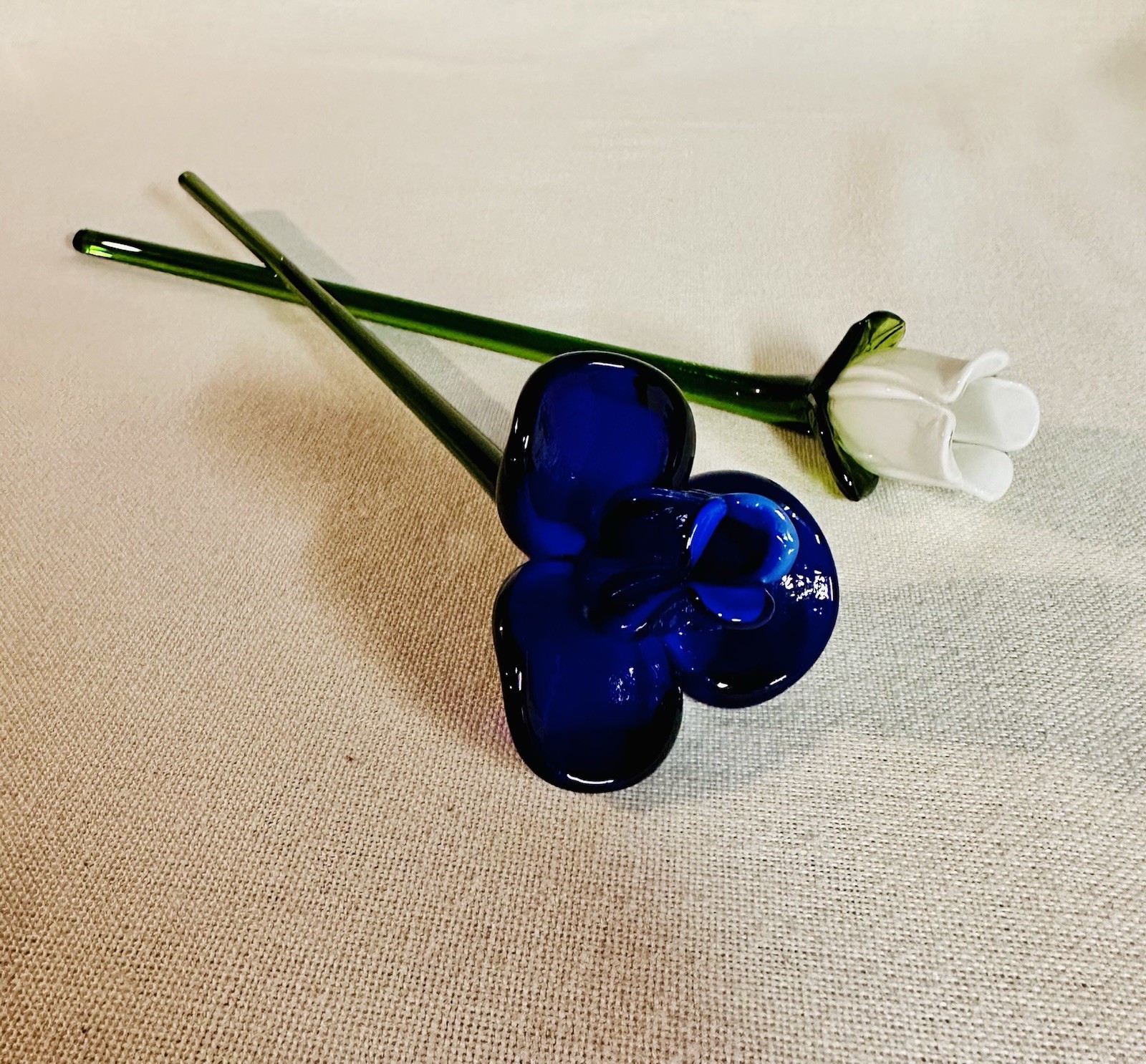 Vintage Hand Blown Glass Flowers – Blue and White- Set of 2