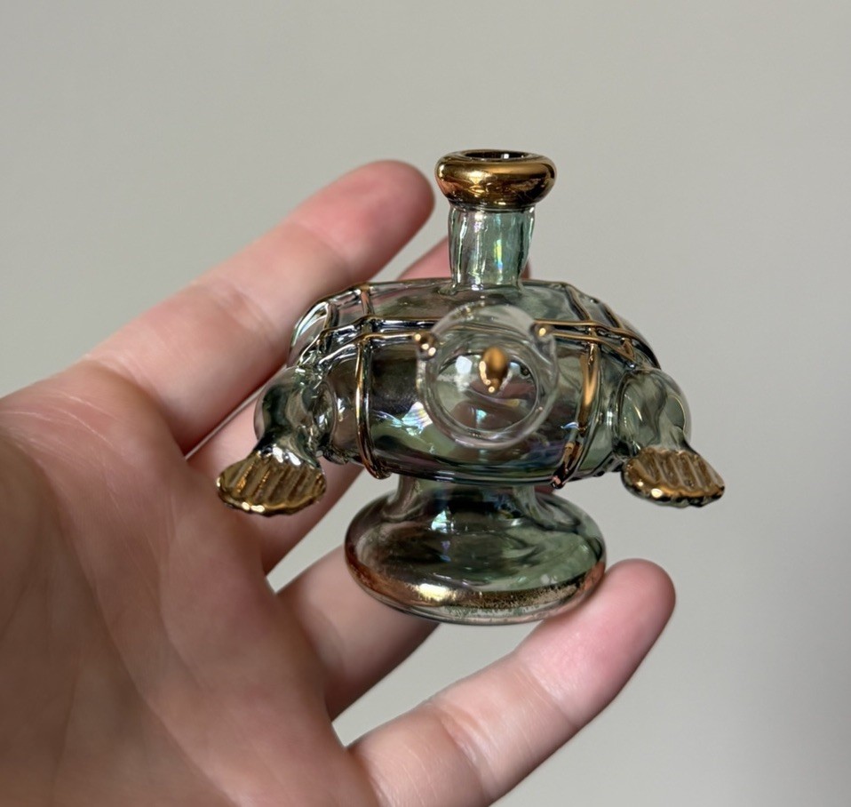 Vintage Hand Blown Turtle Perfume bottle- no stopper – Gold Accents