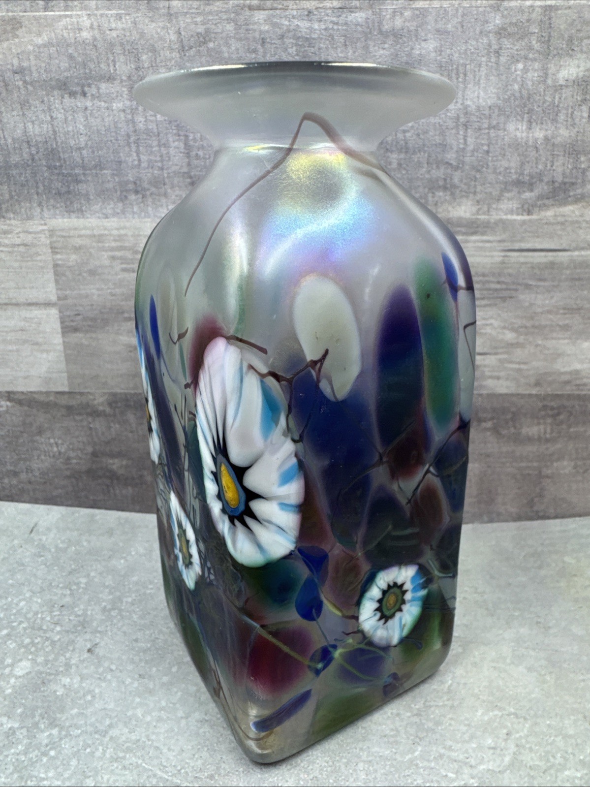 Herb A Thomas Art Glass Vase Iridescent Blue Purple w/ Floral Flowers 6” Signed