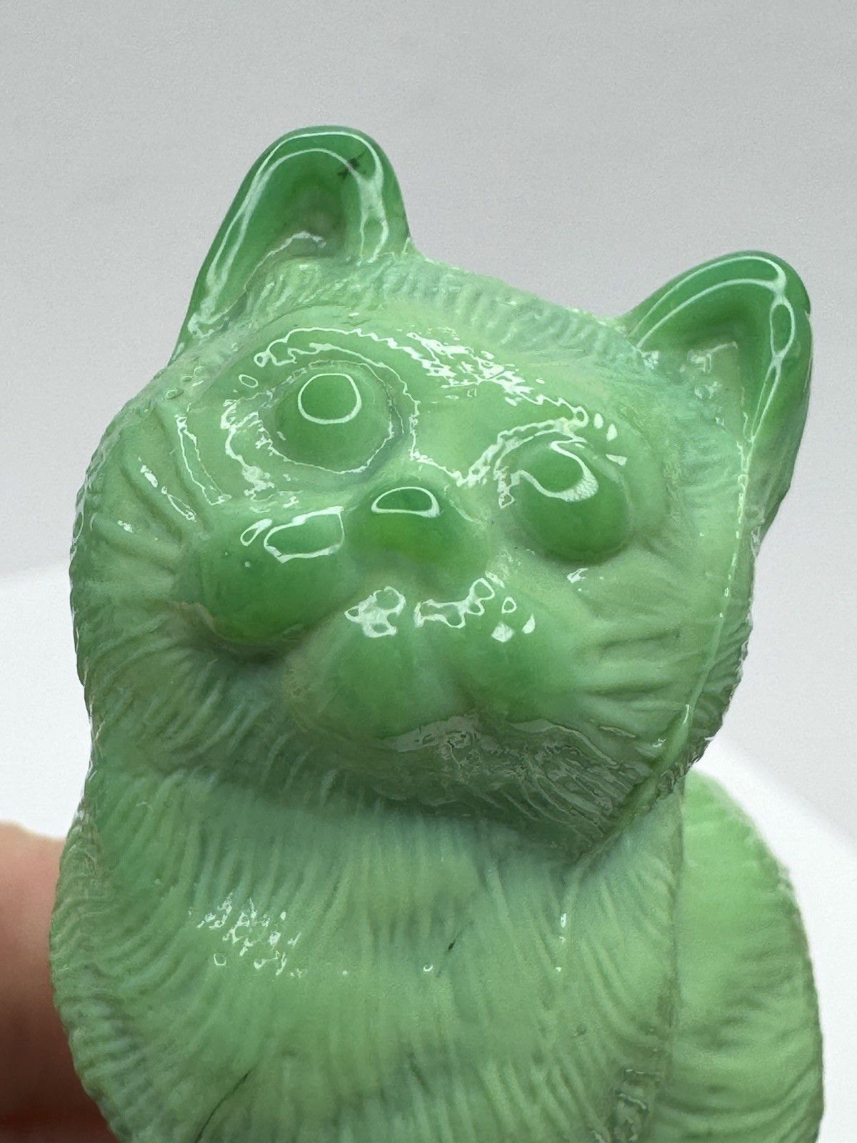 Mosser Glass Sitting Cat Figurine Opaque Jadite Grass Green Blue Slag Glossy
