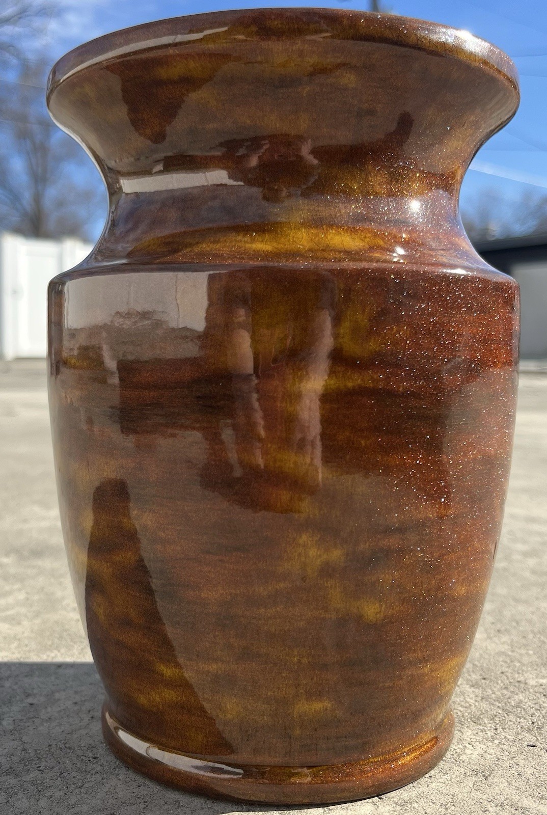 VTG 73’ Ceramic Art Glass Vase Handmade Glittery Warm Autumnal Tones 7.5”