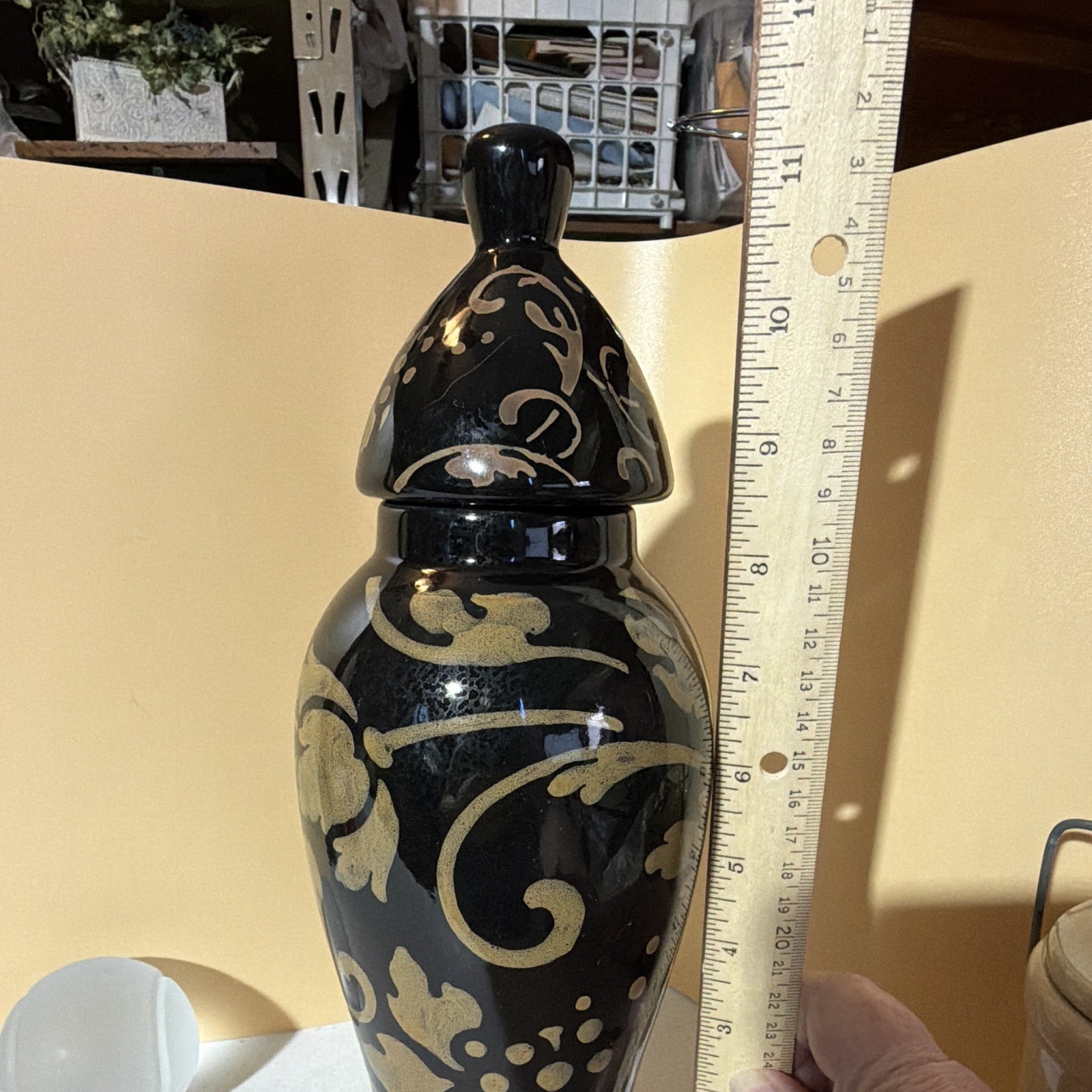 Black & Gold Floral Ceramic Lidded Vase 12in Glossy Finish Decorative