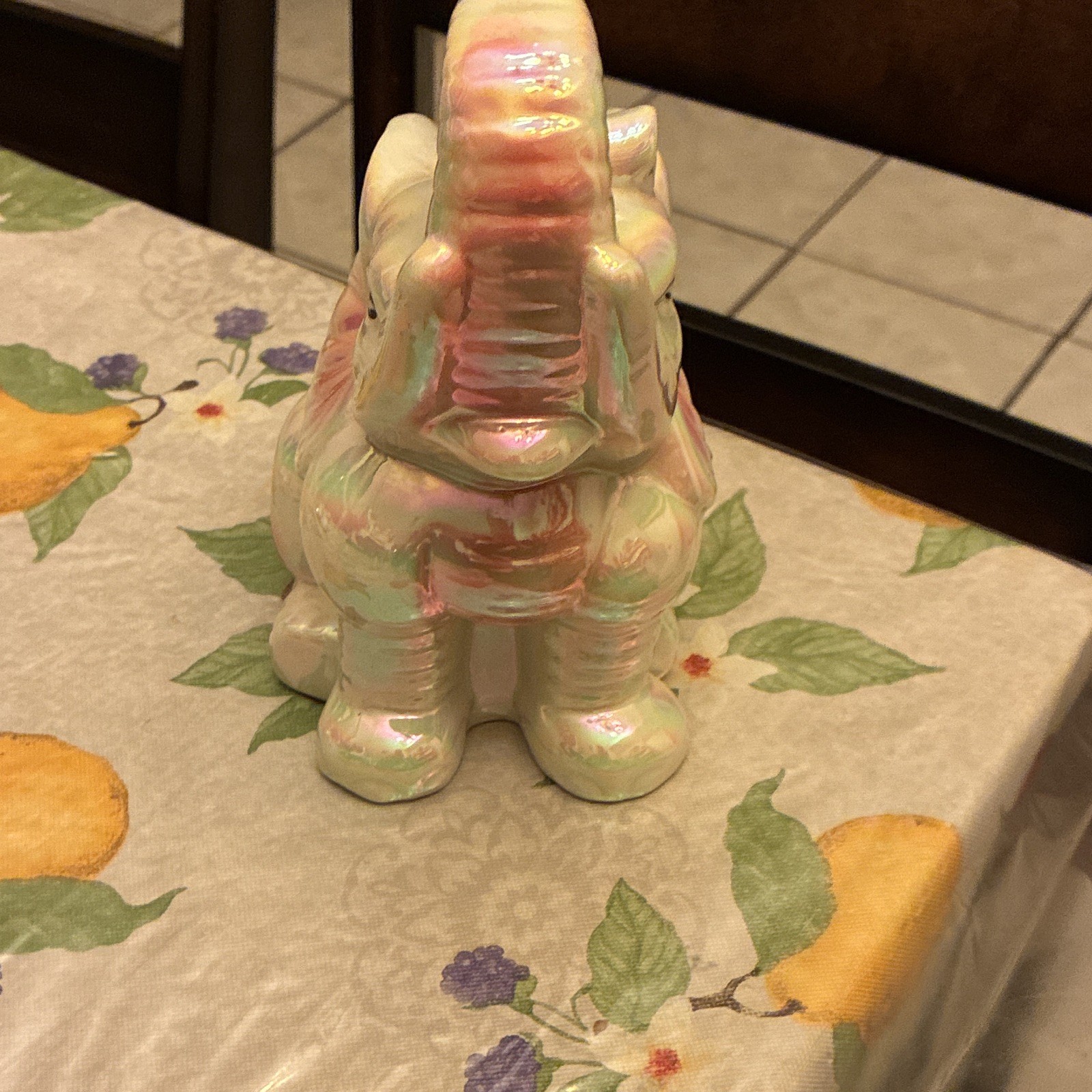 Iridescent Glossy Ceramic Elephant Figurine, White Pink Green