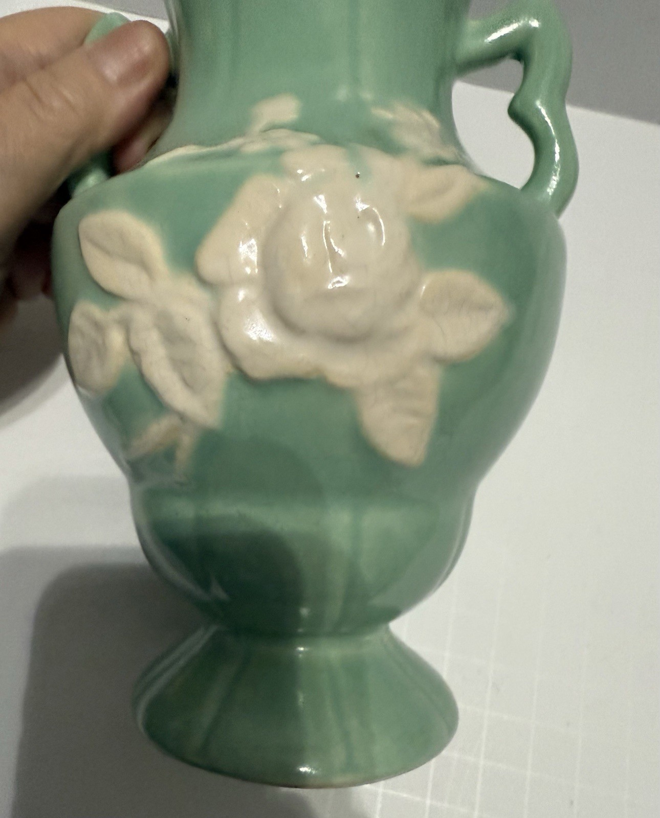 Vintage Weller Pottery Green Aqua Vase Handles White Cameo Rose Pattern 7 3/8”