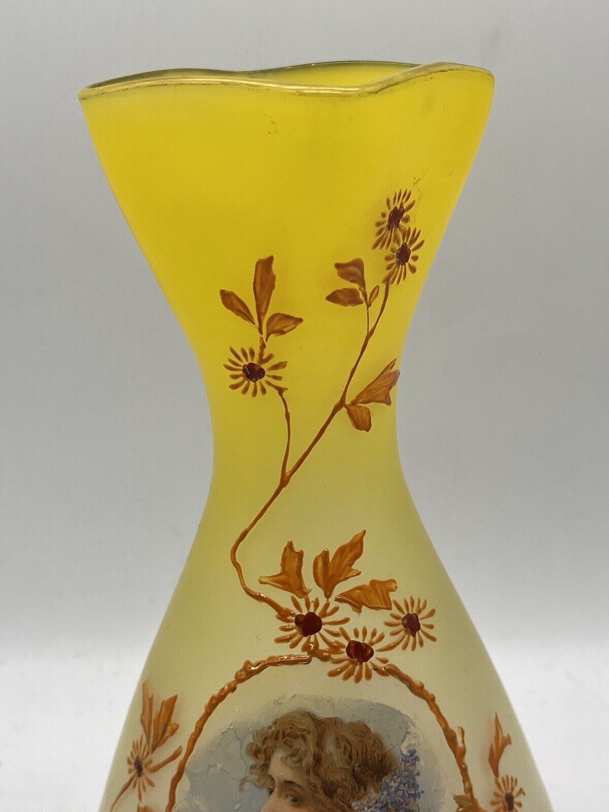 Antique Bohemian or French Glass Portrait Vase Enamel Victorian Flowers