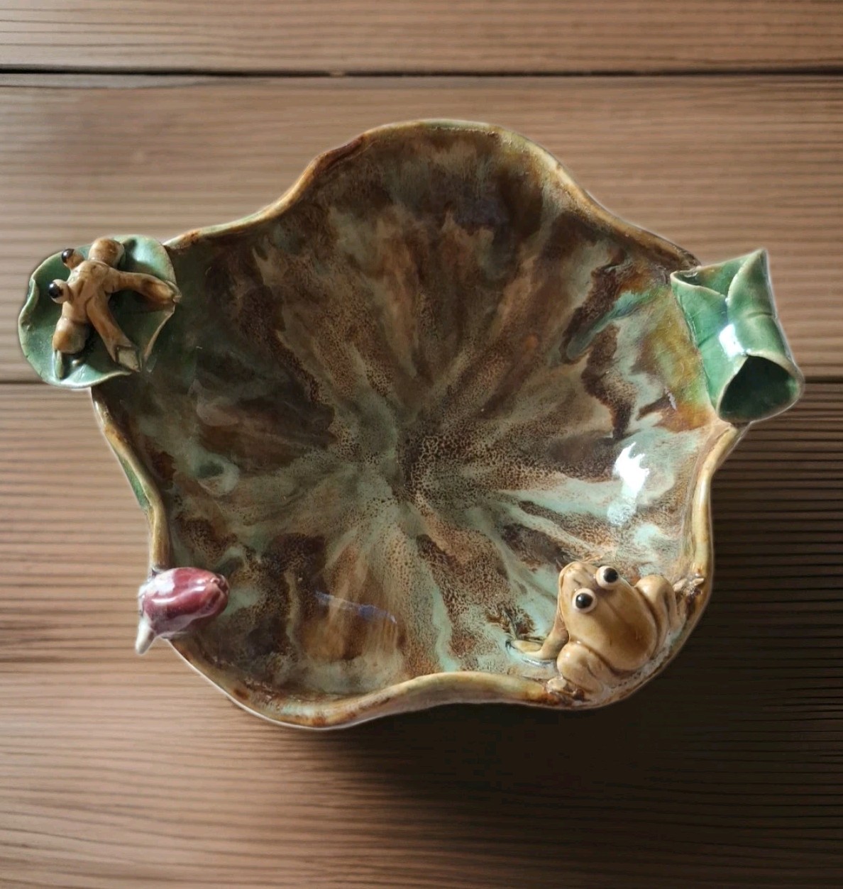 Majolica Pottery Frogs Rose Pretty Planter/Fairy Garden OOAK See Descript Pics