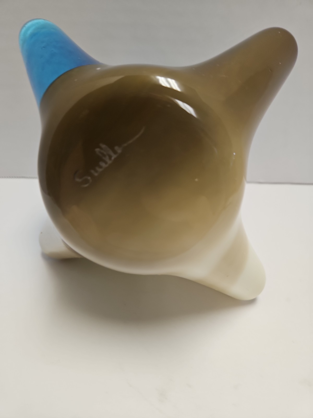 Art Glass Handkerchief Dish Bowl Blue Creme Brown Signed Suellen / Suella 5″ 8″
