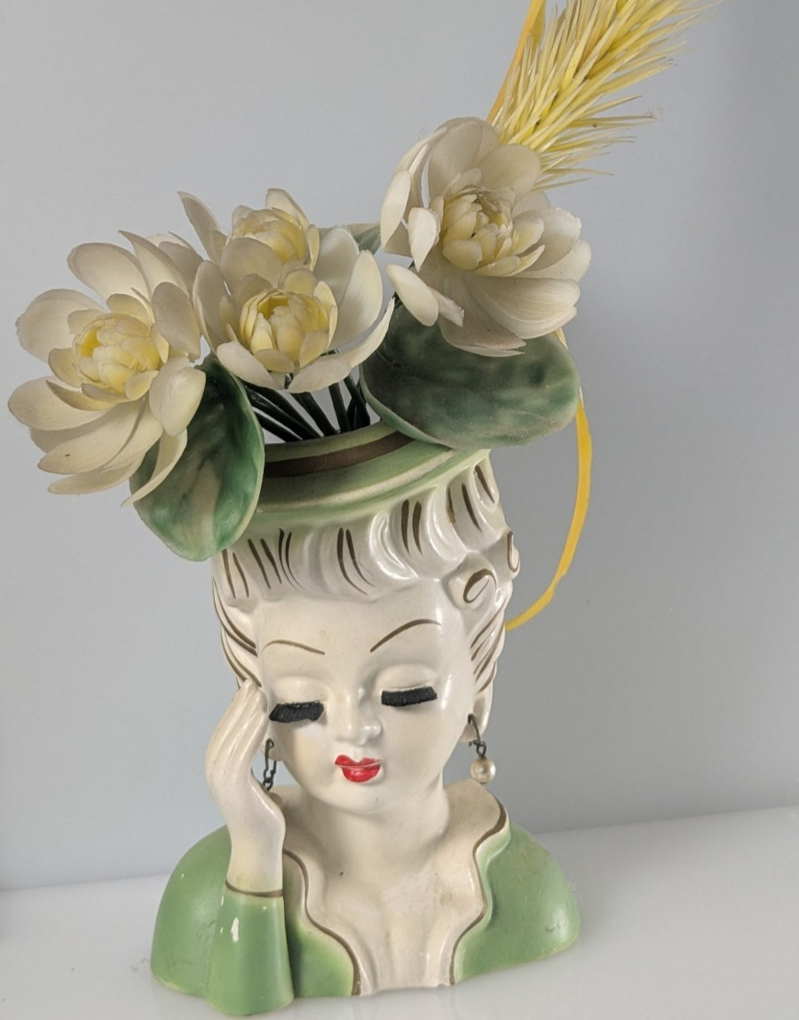 Vintage Lady Head Vase Tilso Headache Hand Original Plastic Flowers & Jewelry