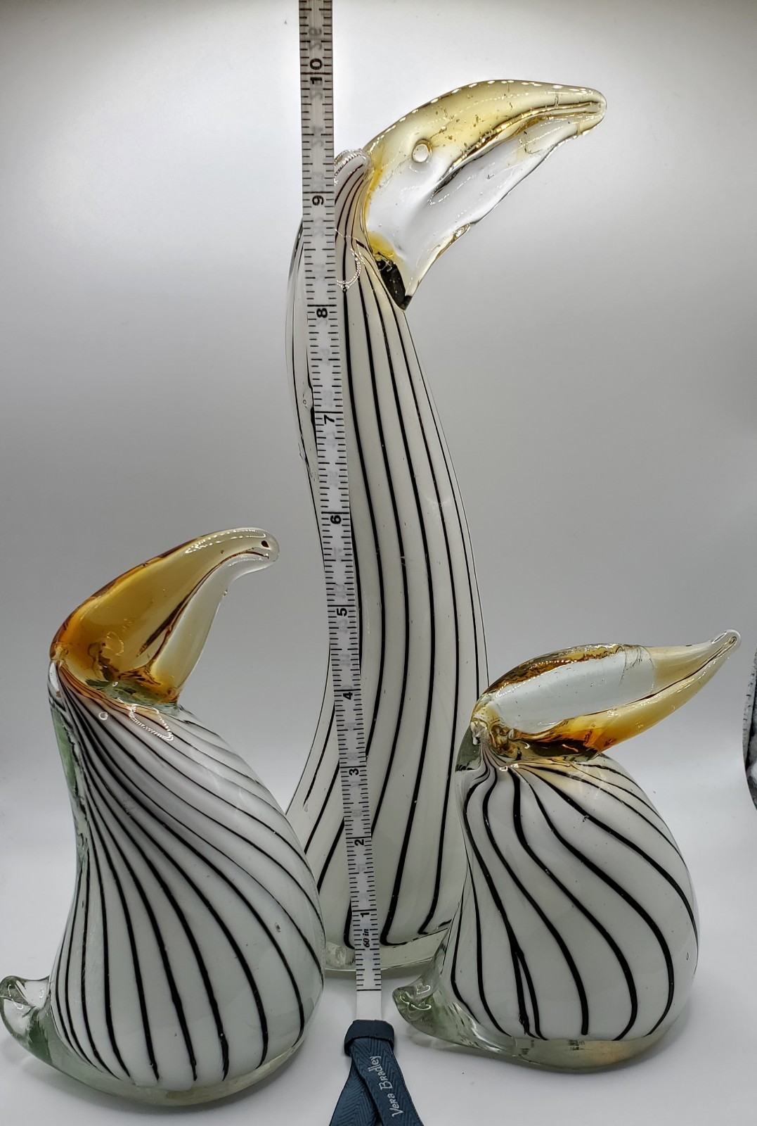 Murano Art Glass Bird Tucan Pelican Black White Striped Set Of 3 Figurines