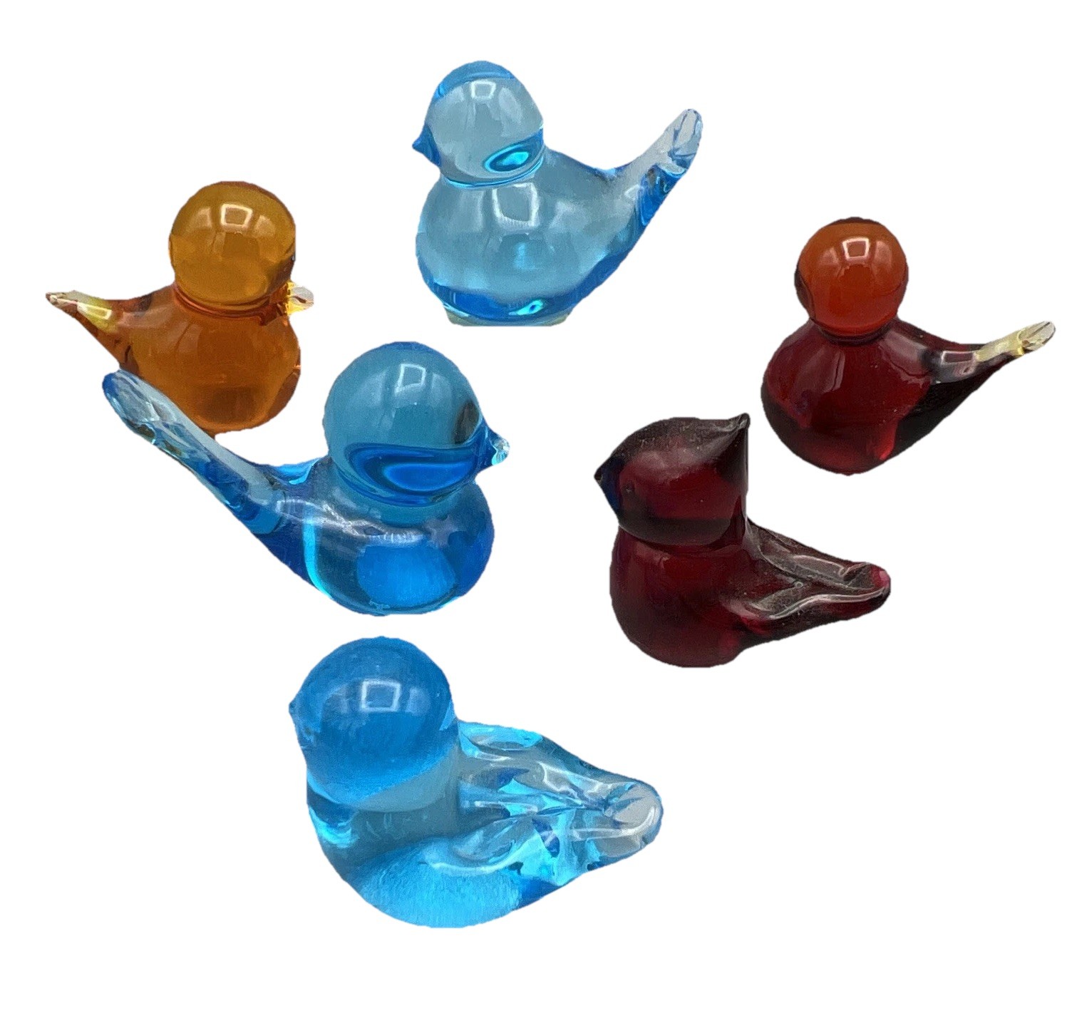 6 Vtg Handblown Art Glass Bird Figurines Paperweights 2 Signed -1 Glows 2”
