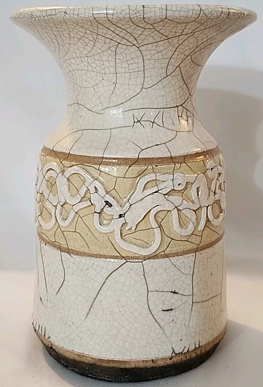 Vtg Handmade Raku Crackle Glaze Pottery Decorative Vase Artist Signed Dated 1977