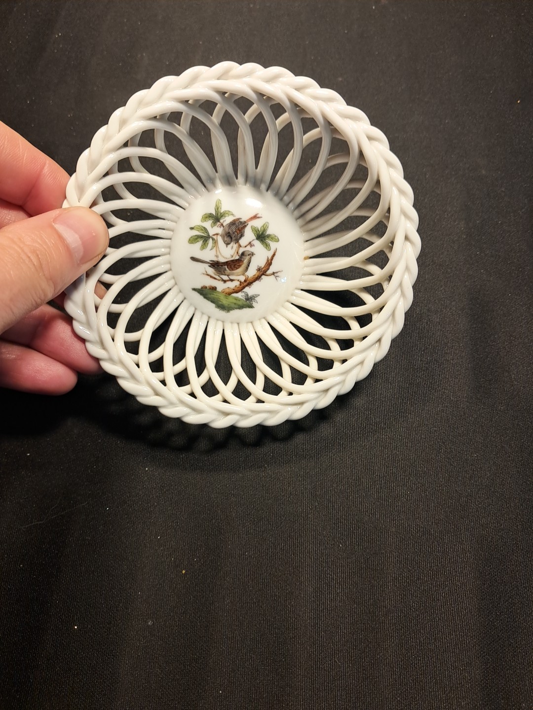Vintage Hand painted Herend Lattice Porcelain Basket Rothschild Bird #7372