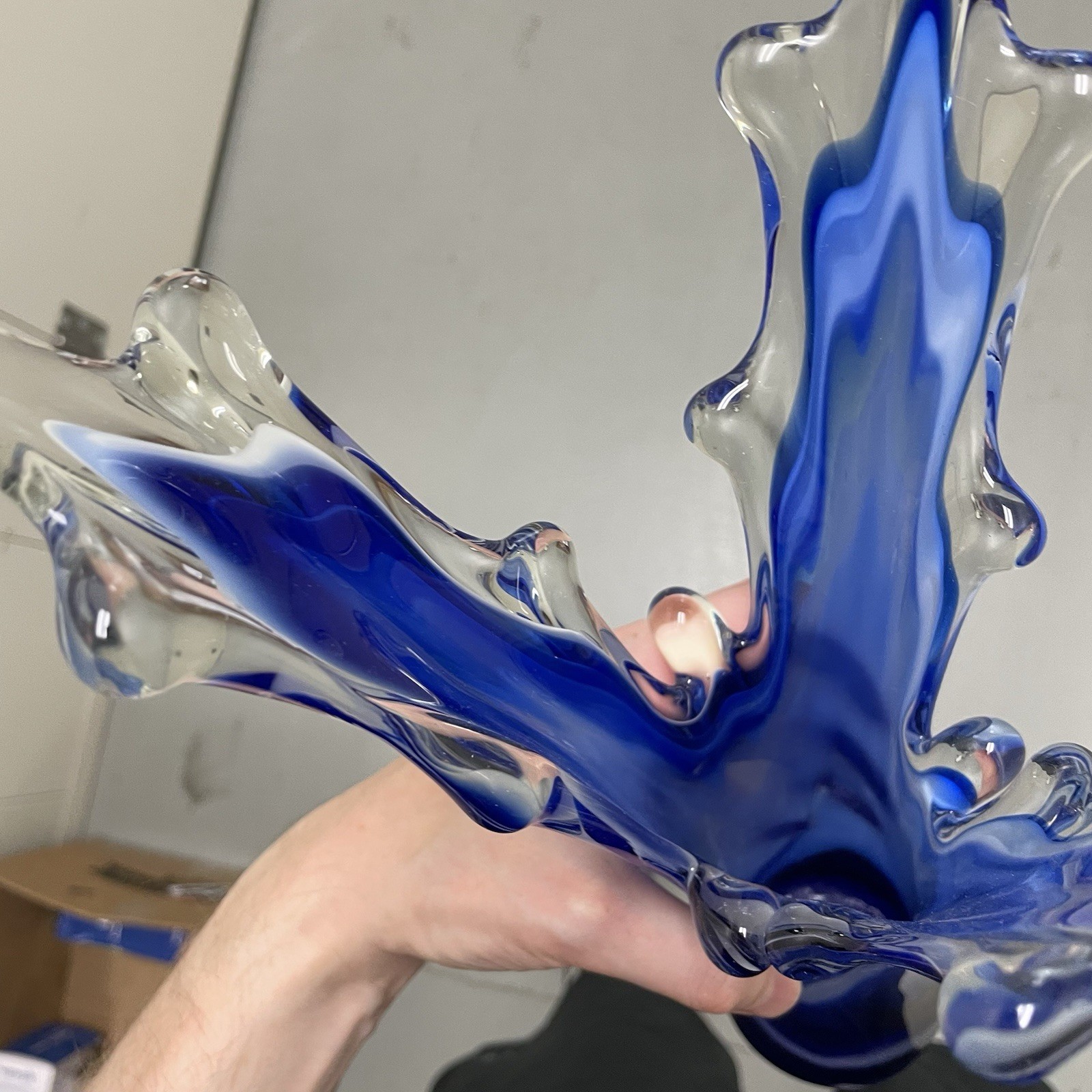 Vintage Murano Style Glass Cobalt Blue White Clear Splash Vase 15”