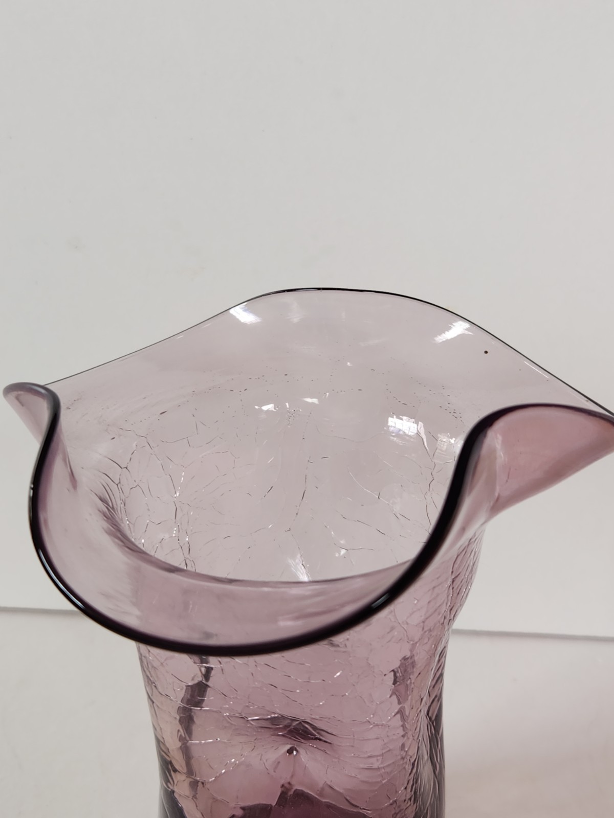 Crackle Blown Glass Fluted Vase Candleholder Amethyst Purple Orchid Dimpled Vtg