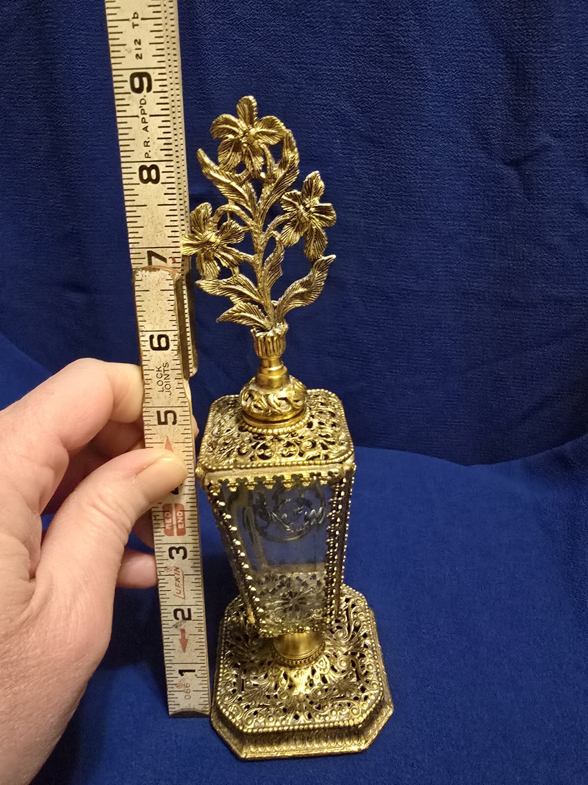 VTG 8.75in ORMALU/FILIGREE/BEVELED GLASS ORNATE PERFUME BOTTLE HOLLYWOOD REGENCY
