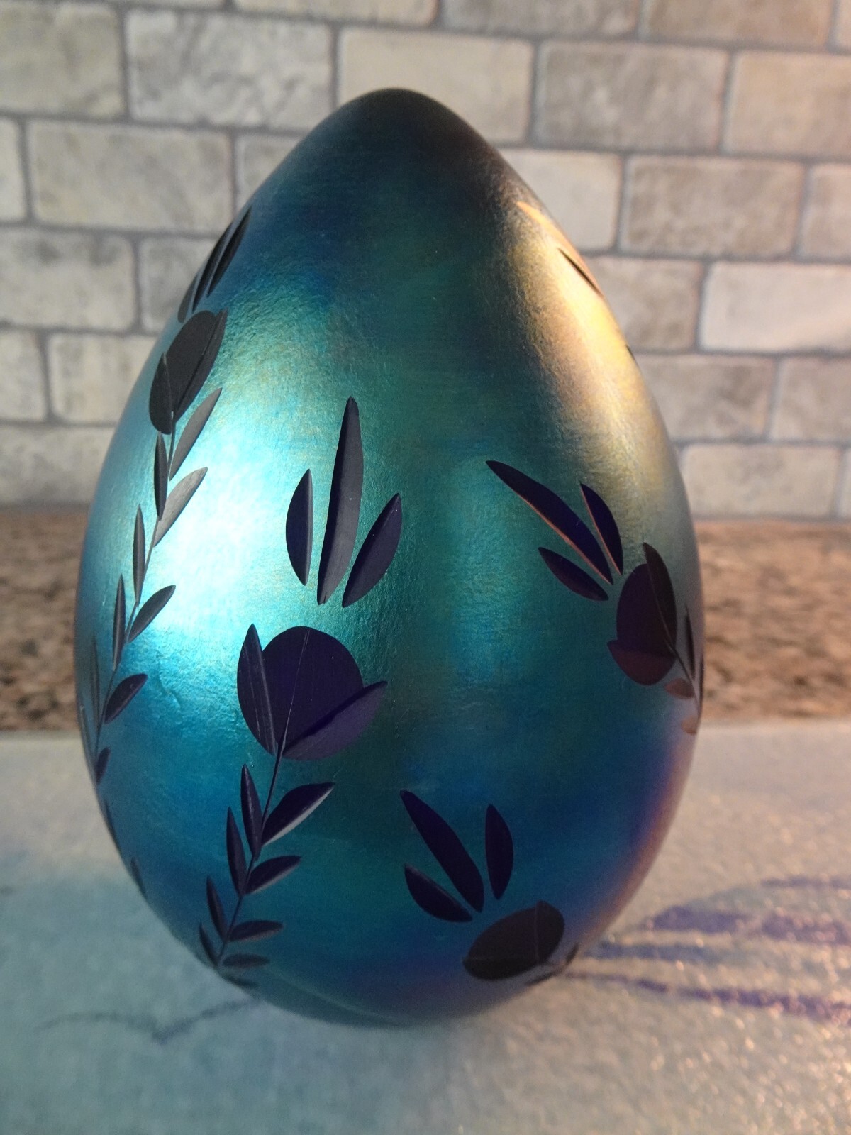 Vintage Vandermark Art Glass Incised Etched Carved Blue Aurene Egg Paperweight