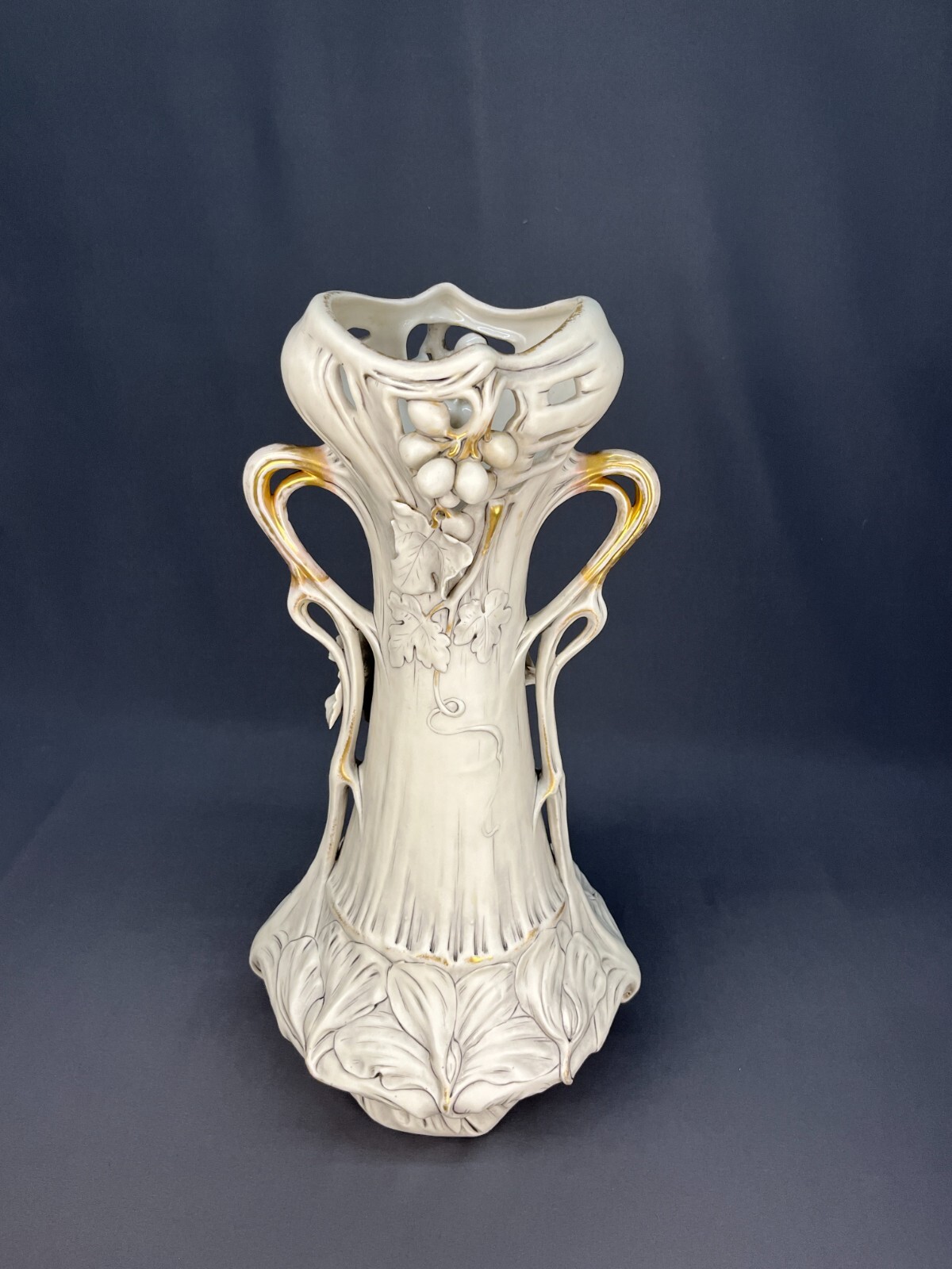 Royal Dux Art Nouveau Porcelain 20 1/2″ Vase with Grapes & Leaves