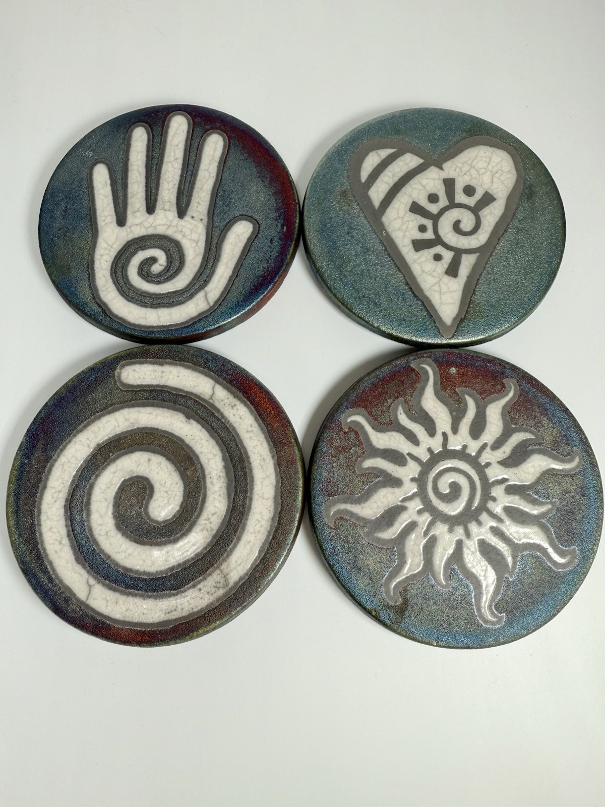 Raku Pottery Medallion Coasters Healing Hand, Labyrinth Sun Heart 4” J. Diller